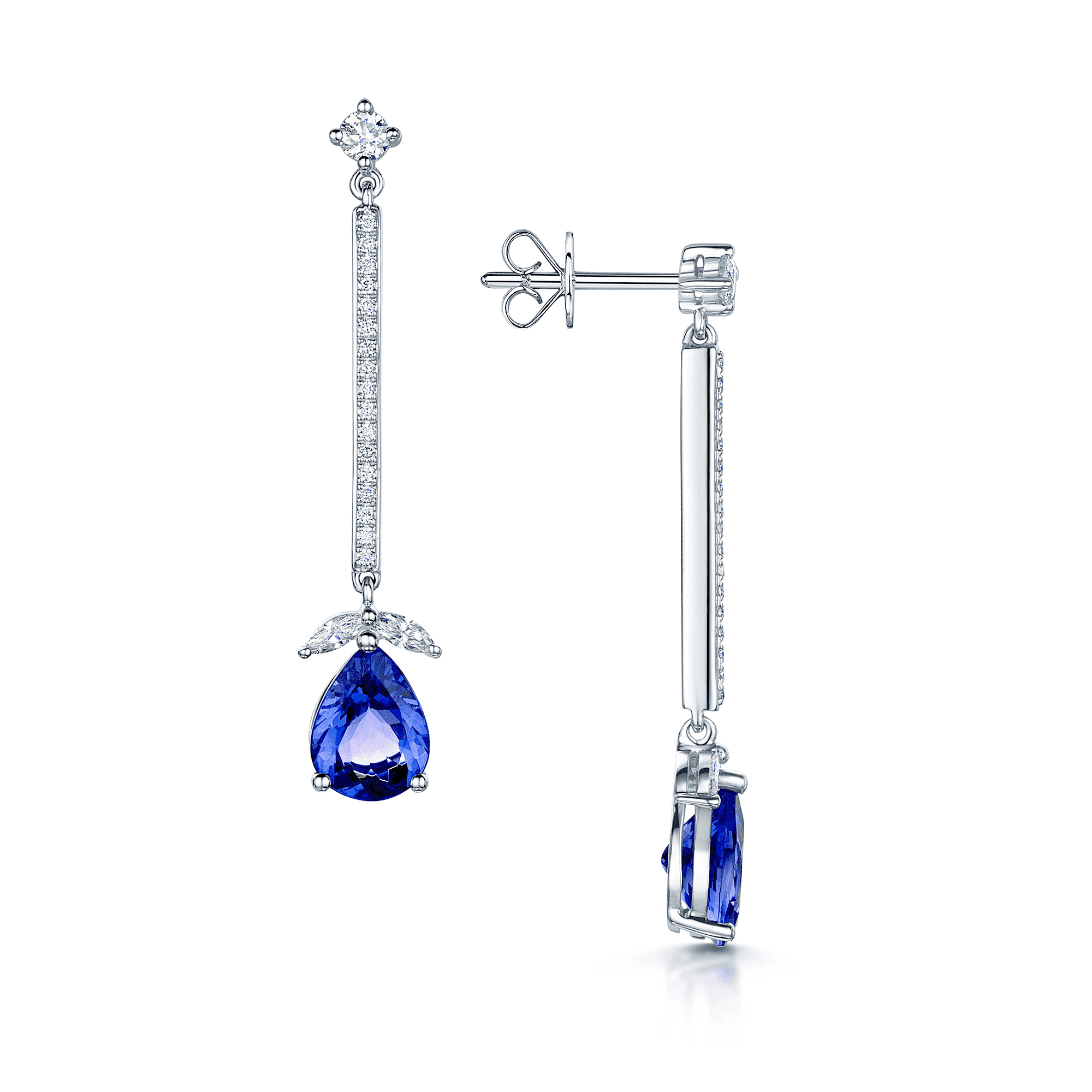 Berry's 18ct White Gold Pear Tanzanite And Diamond Long Drop Earrings - Berry's Jewellers