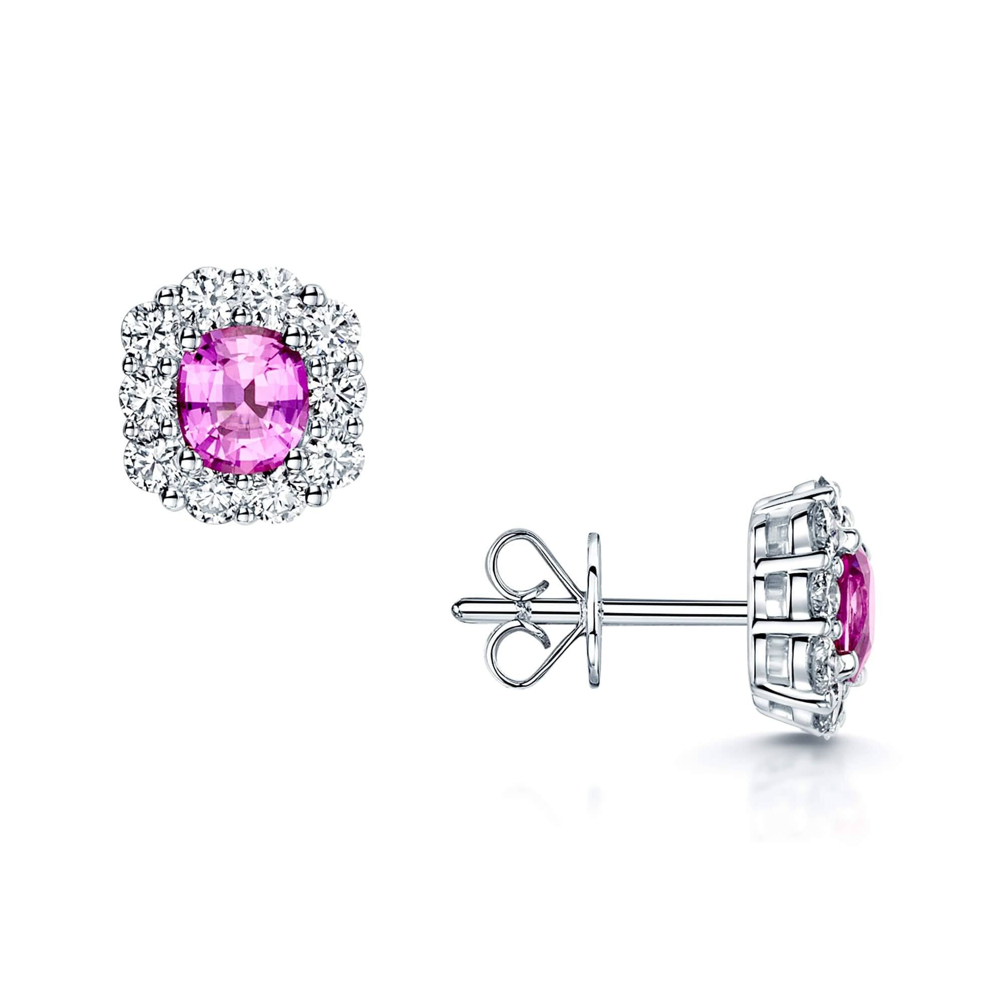 18ct White Gold Pink Sapphire & Diamond Cushion Shape Cluster Earrings