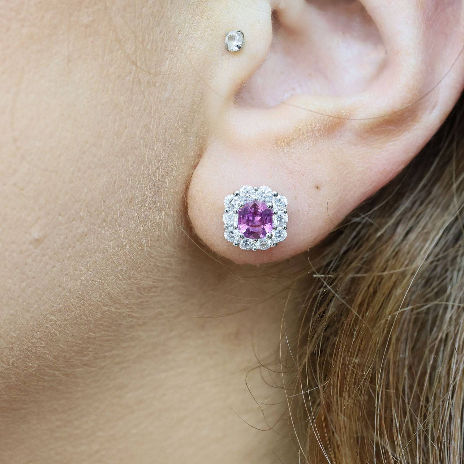 Berry's 18ct White Gold Pink Sapphire & Diamond Cushion Shape Cluster Earrings - Berry's Jewellers