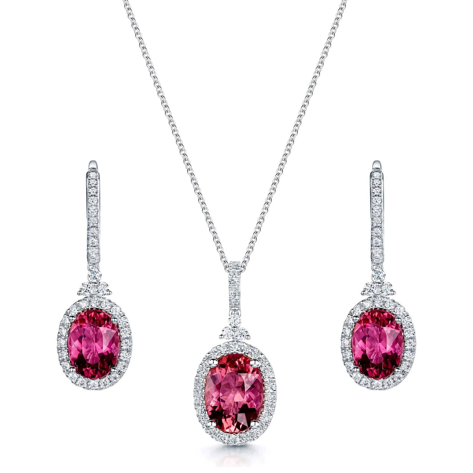 Berry's 18ct White Gold Pink Tourmaline and Diamond Halo Pendant & Drop Earrings Set - Berry's Jewellers