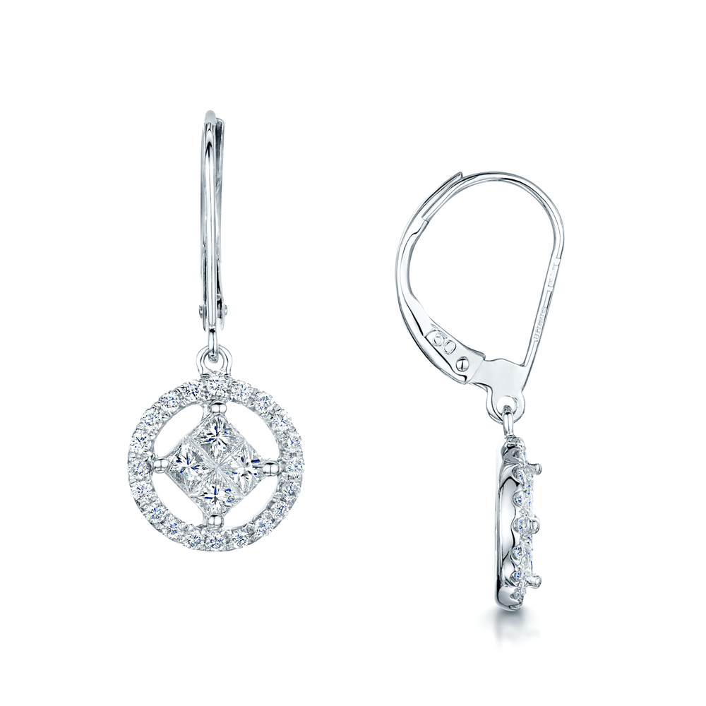 18ct White Gold Princess & Brilliant Cut Diamond Drop Earrings