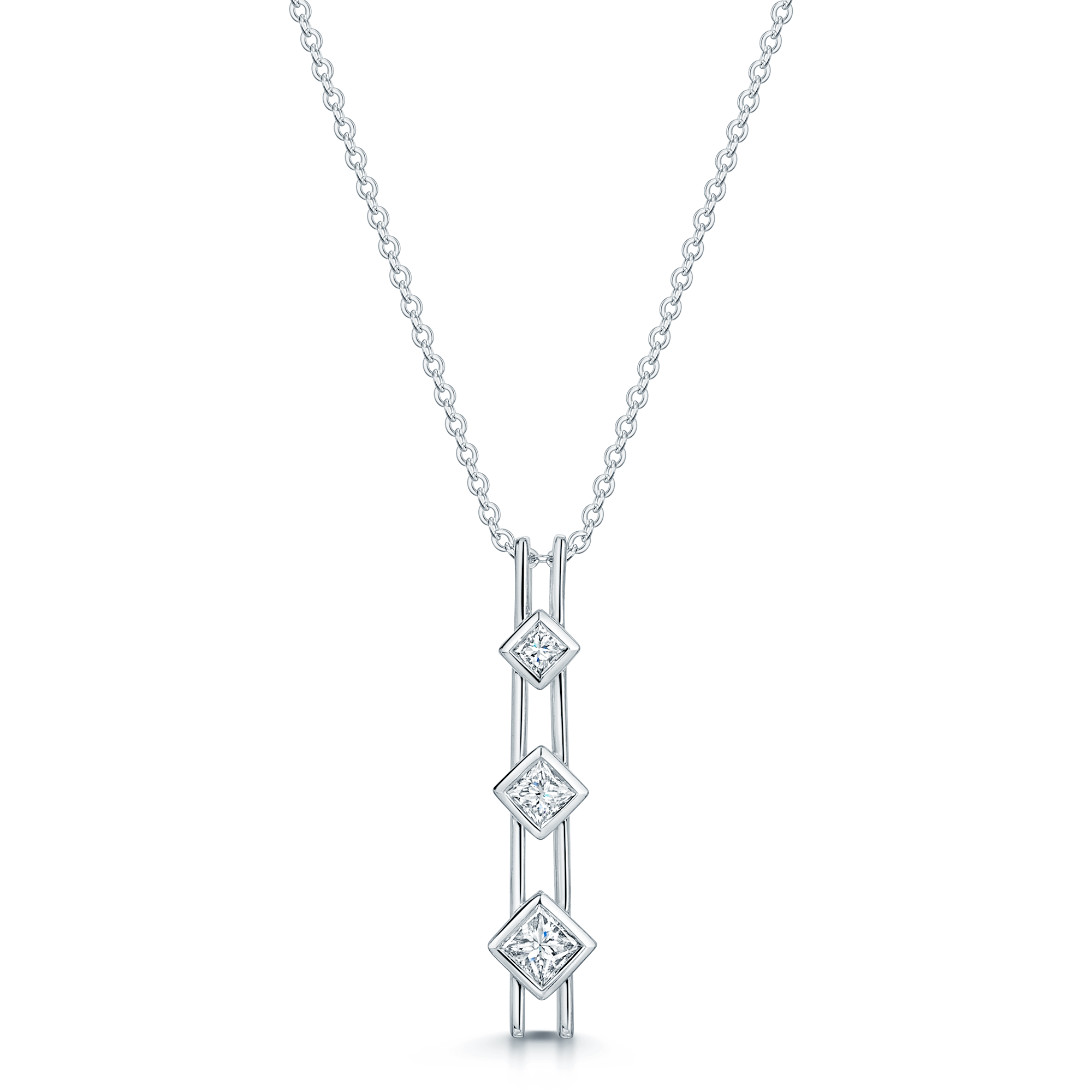 Berry's 18ct White Gold Princess Cut Diamond Double Bar Rub Over Set Pendant - Berry's Jewellers