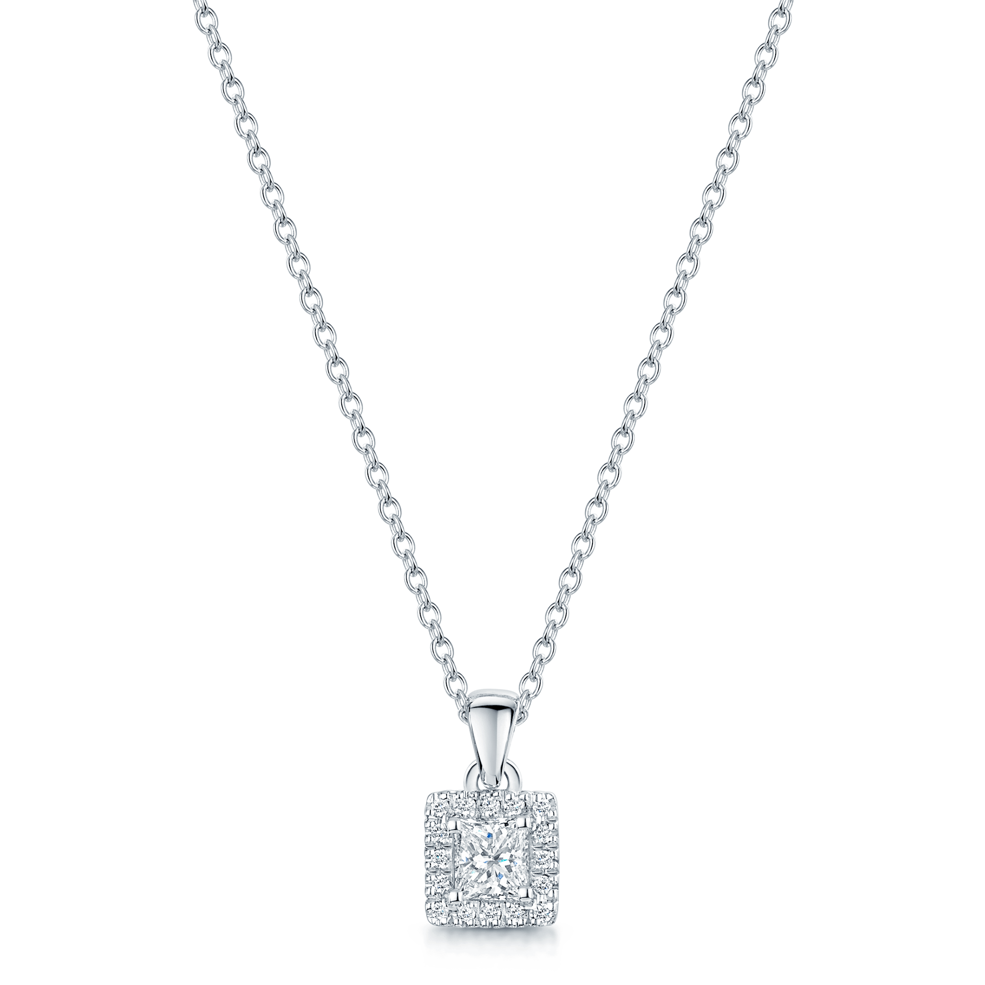 18ct White Gold Princess Cut Diamond Halo Pendant