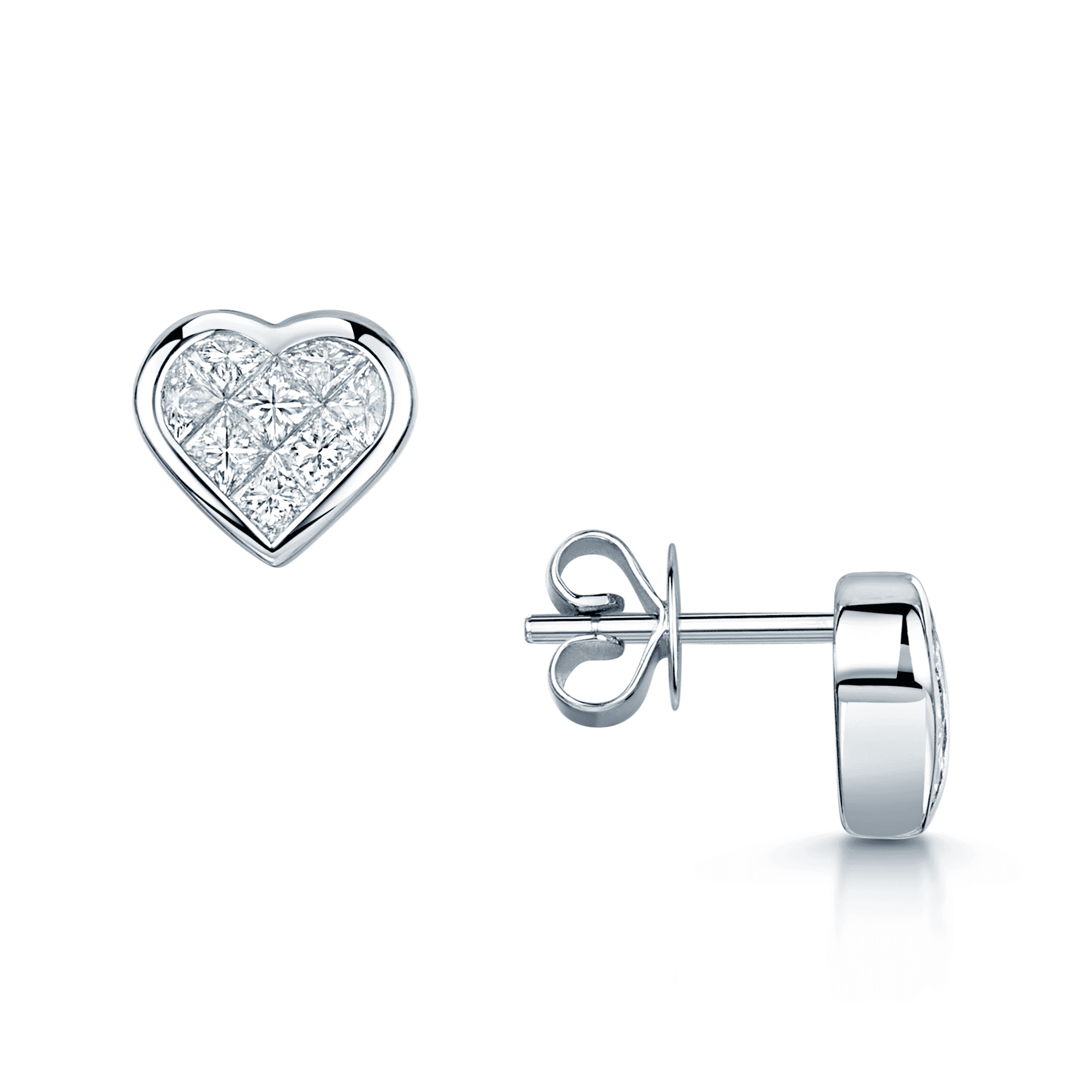 18ct White Gold Princess Cut Diamond Heart Shape Invisible Set Stud Earrings With Rub Over Edge