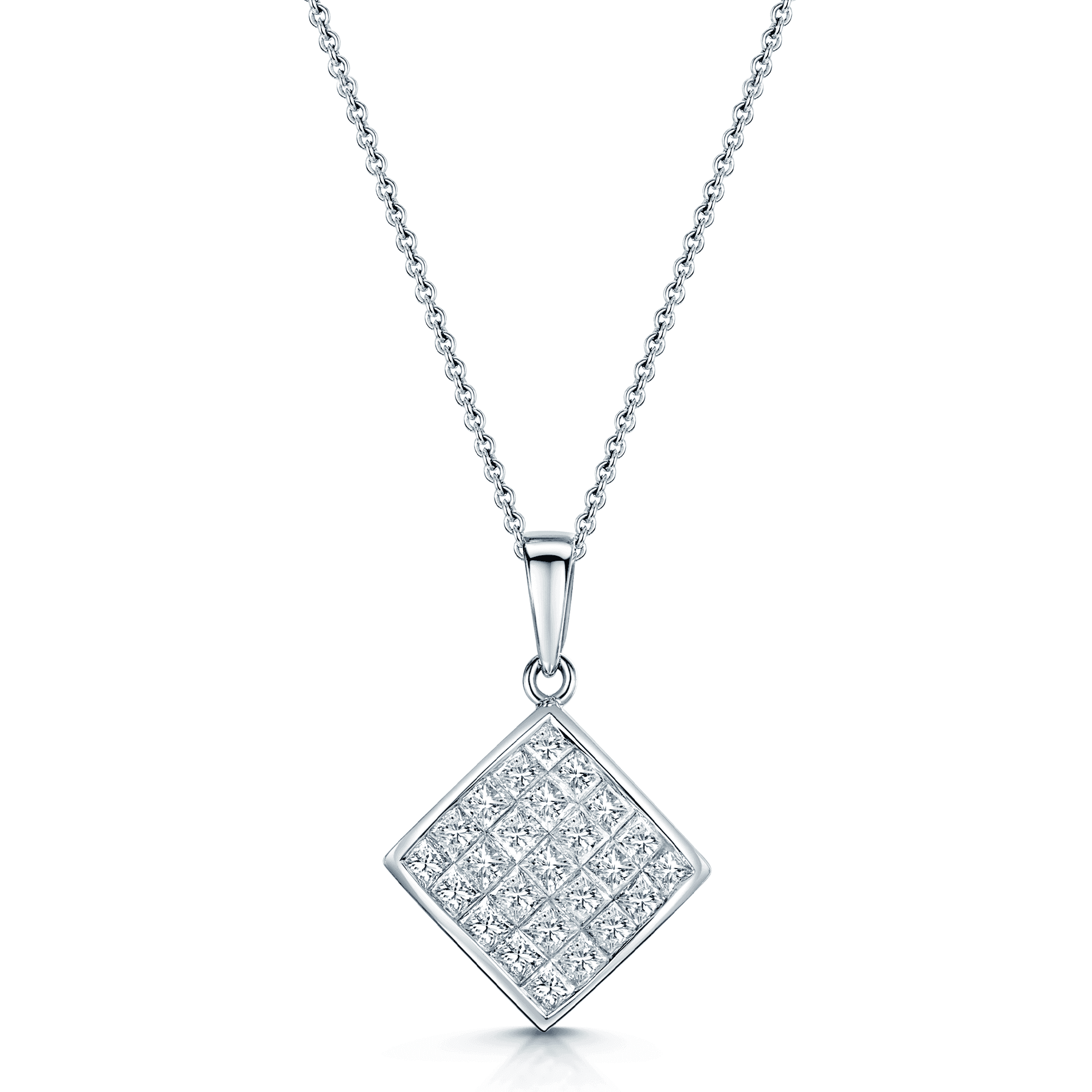 18ct White Gold Princess Cut Diamond Pave Set Square Pendant