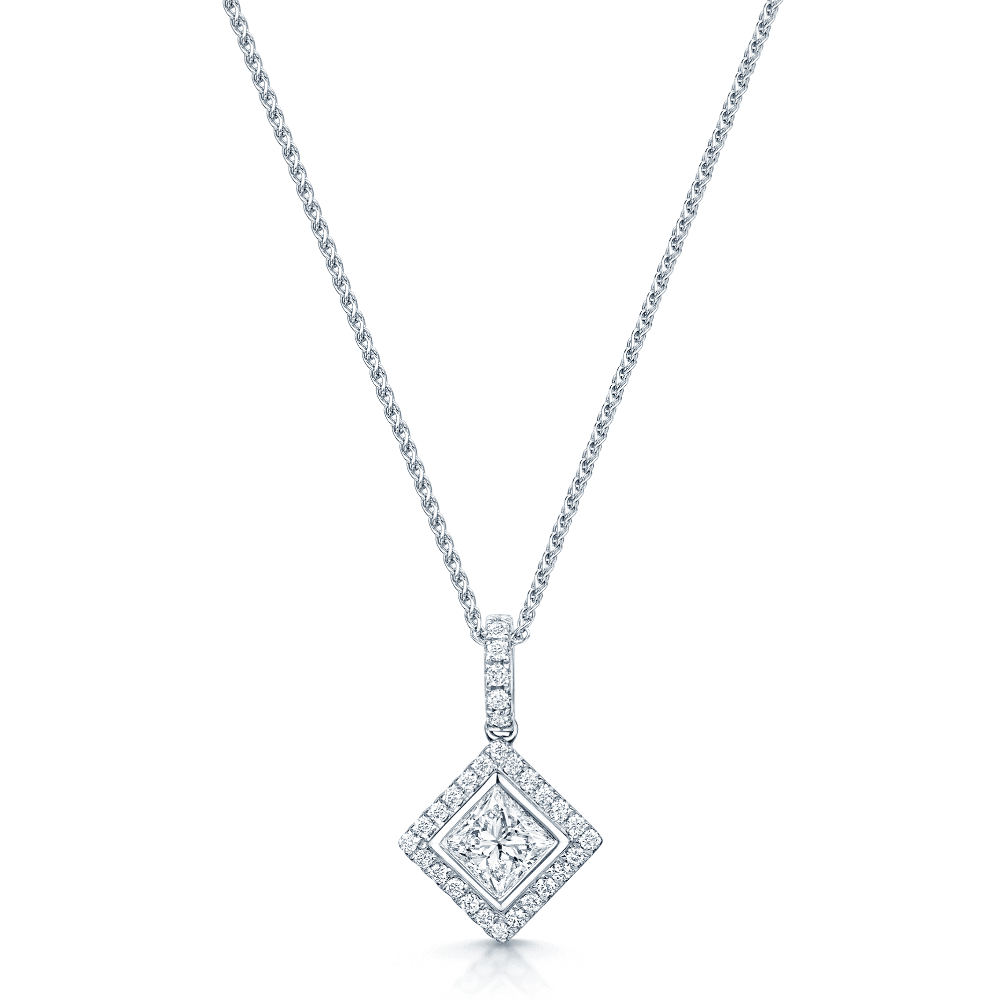 Berry's 18ct White Gold Princess Cut Diamond Rub Over Halo Cluster Pendant With A Diamond Bale - Berry's Jewellers