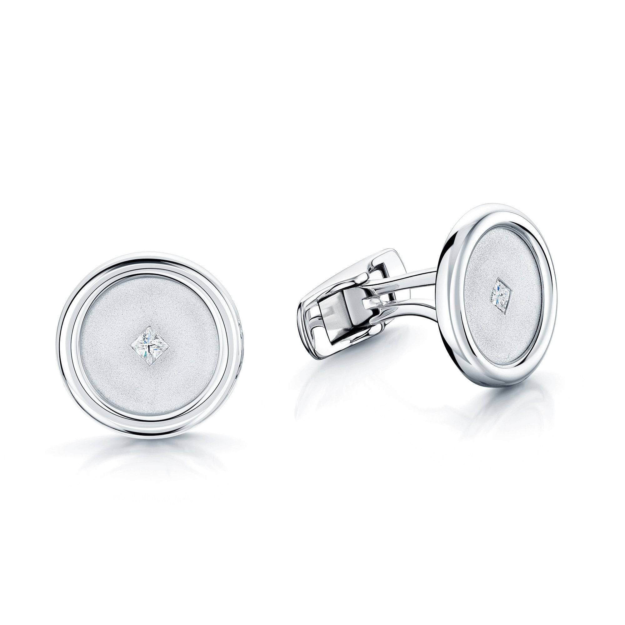 Berry's 18ct White Gold Princess Cut Diamond Satin And Polished Finish Round Cufflinks - Berry's Jewellers