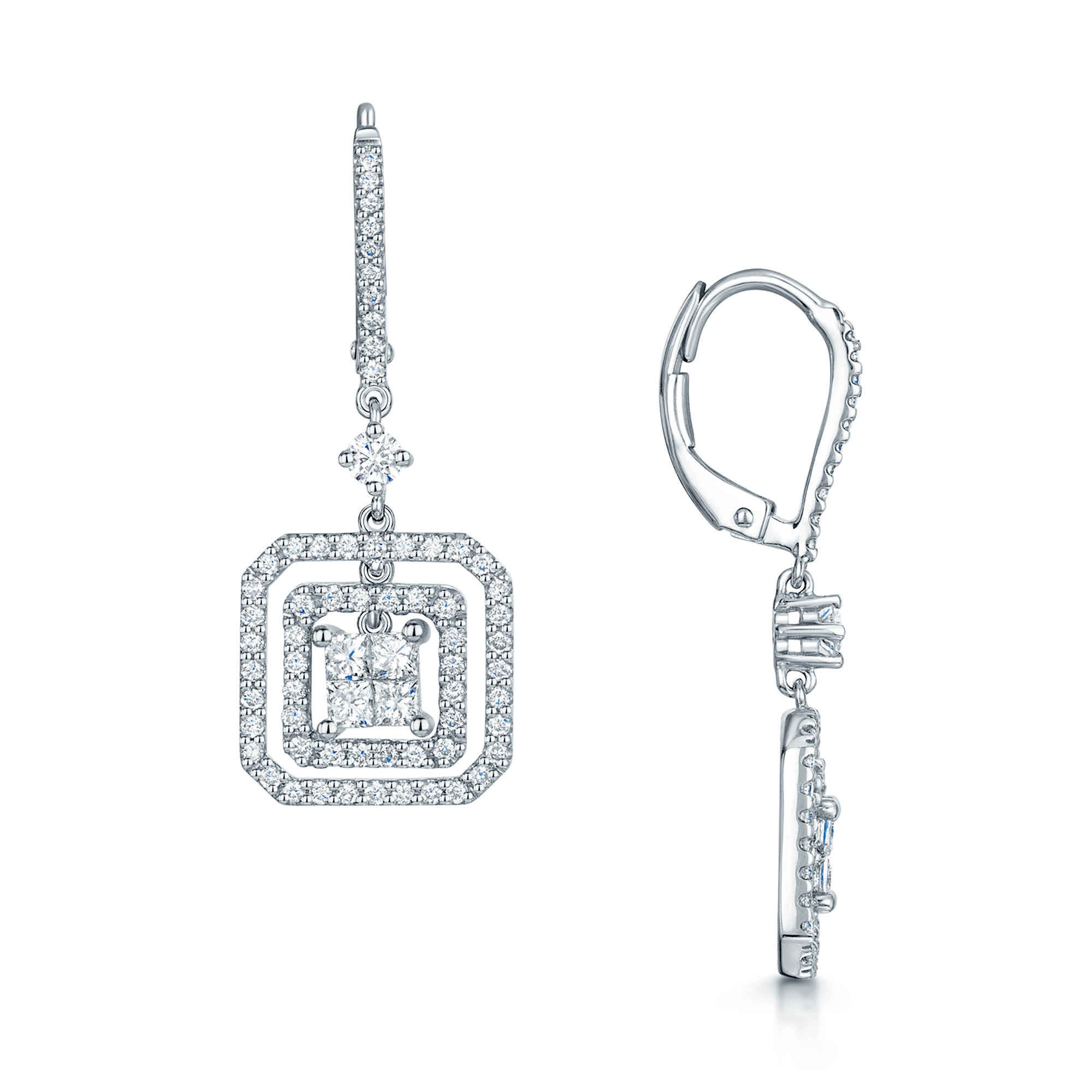 Berry's 18ct White Gold Princess Cut Diamonds Set In Pave Double Square Hoop Earrings - Berry's Jewellers