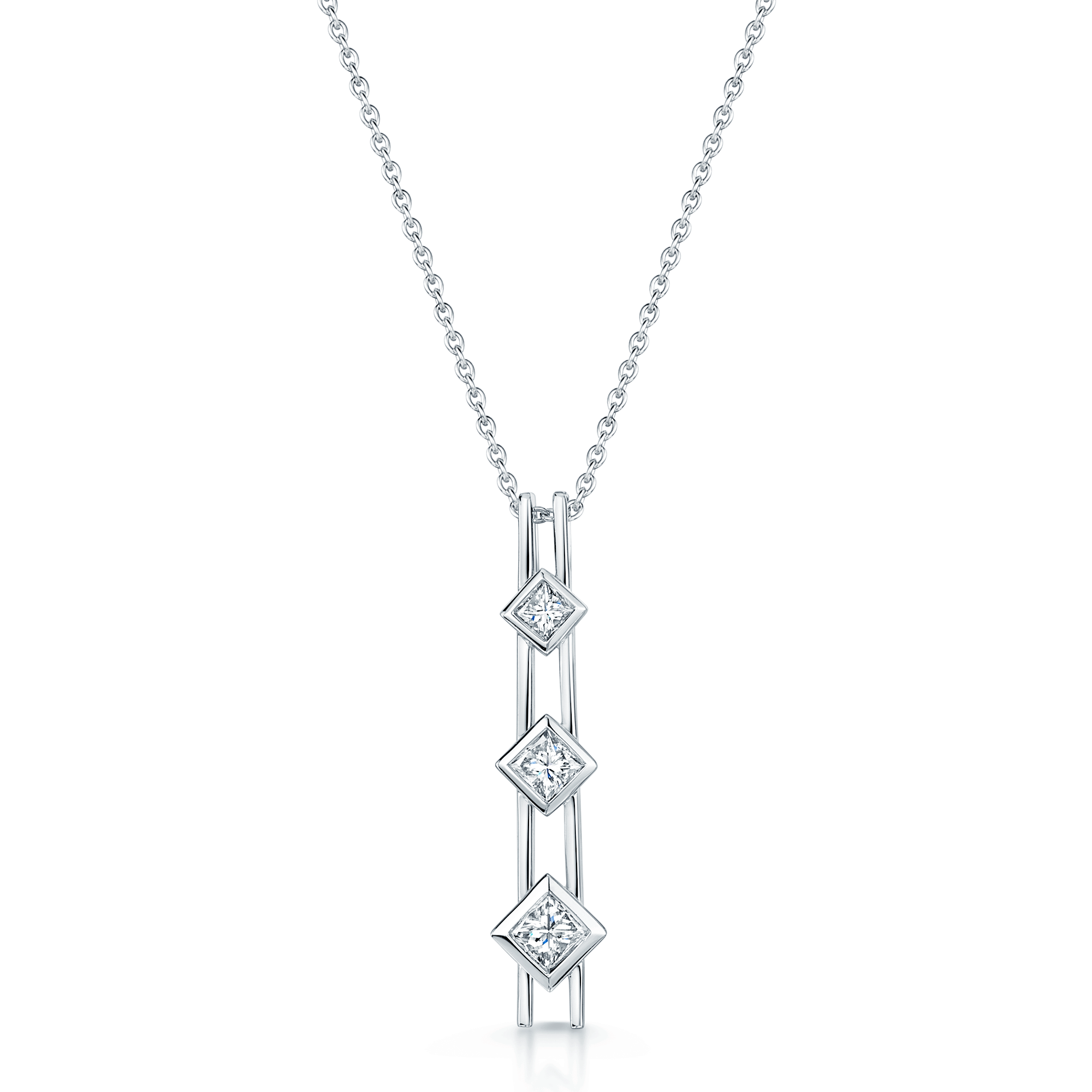 Berry's 18ct White Gold Princess Cut Three Stone Diamond Drop Bar Necklace - Berry's Jewellers