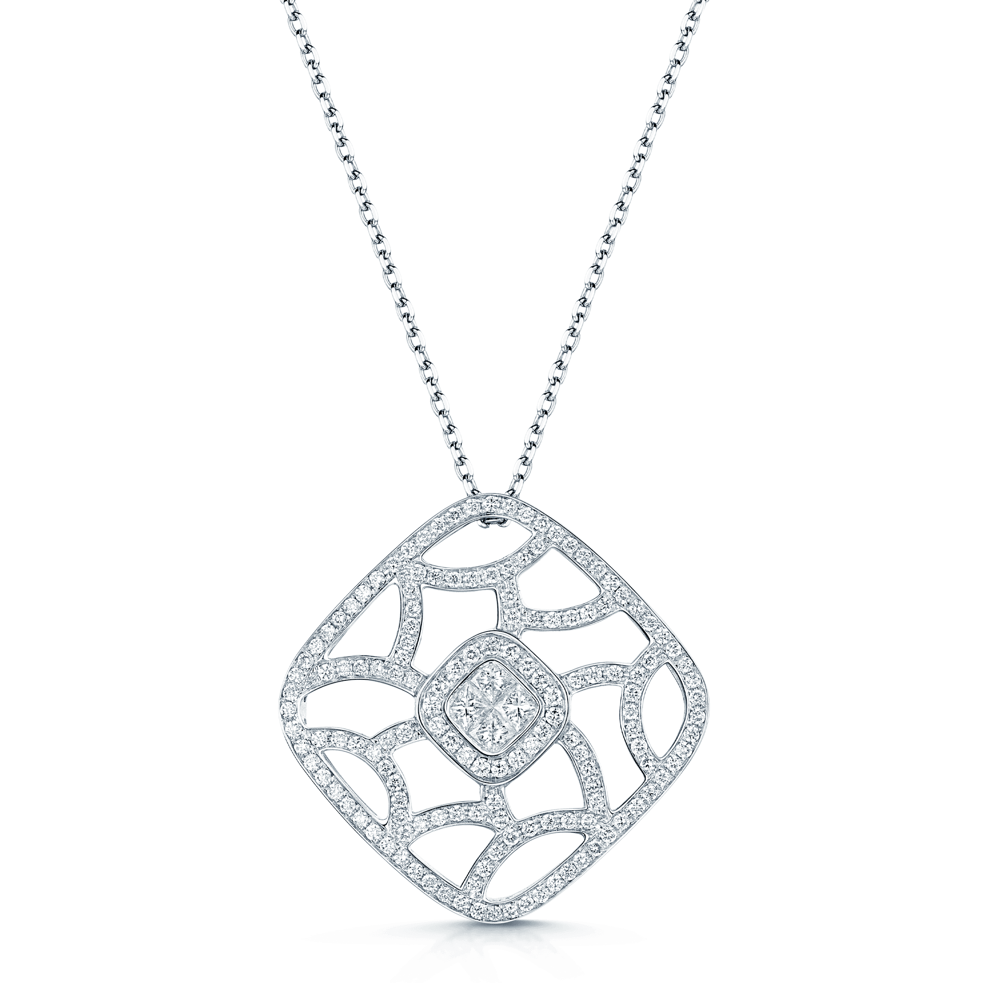 18ct White Gold Princess & Round Brilliant Cut Diamond Pave Set Open Work Square Pendant