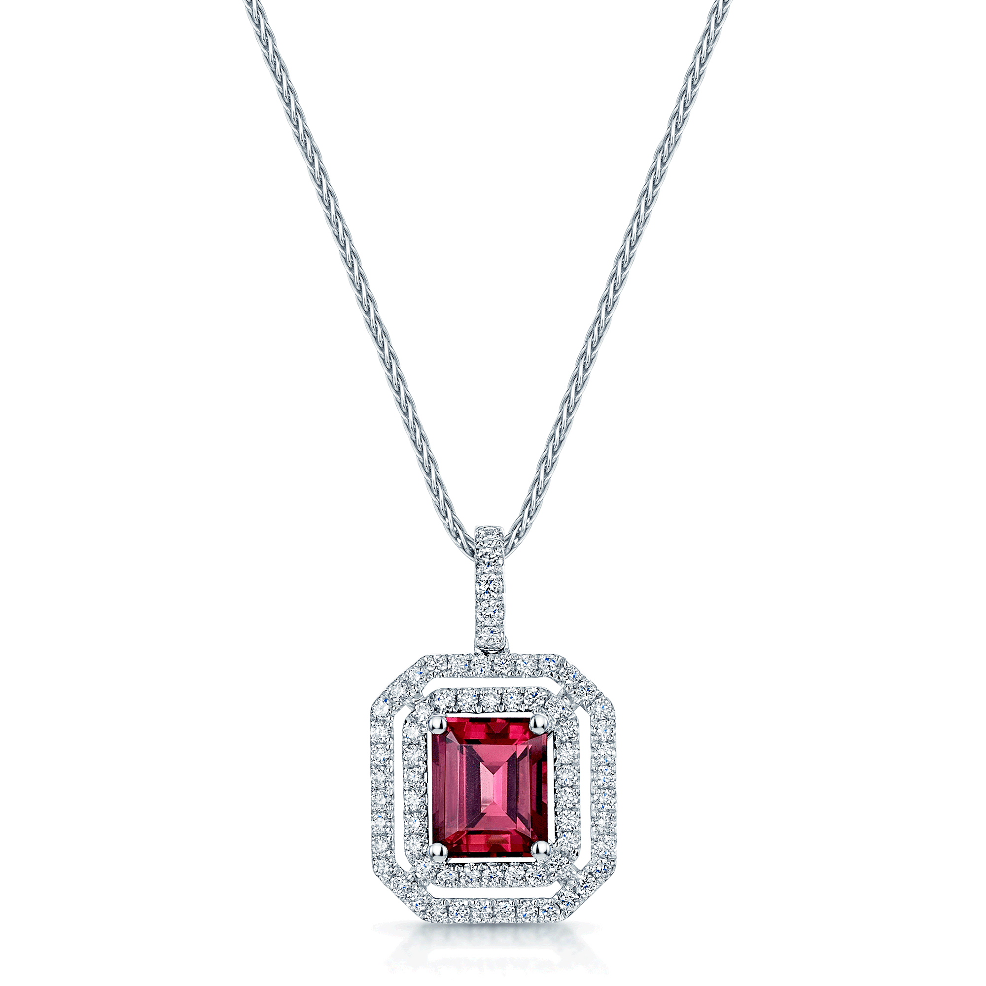 18ct White Gold Rectangular Pink Tourmaline And Diamond Double Halo Pendant