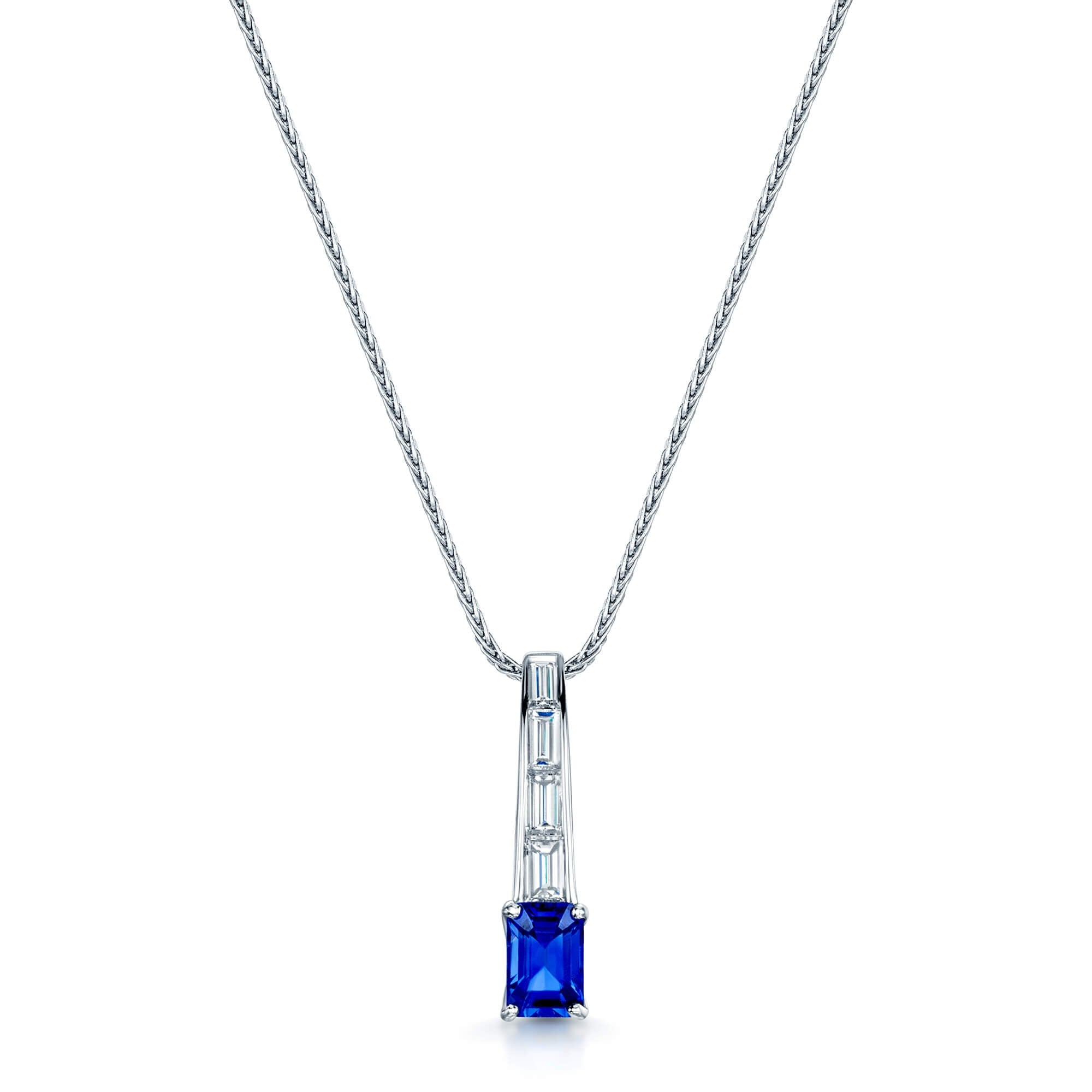 18ct White Gold Rectangular Sapphire & Baguette Cut Diamond Pendant