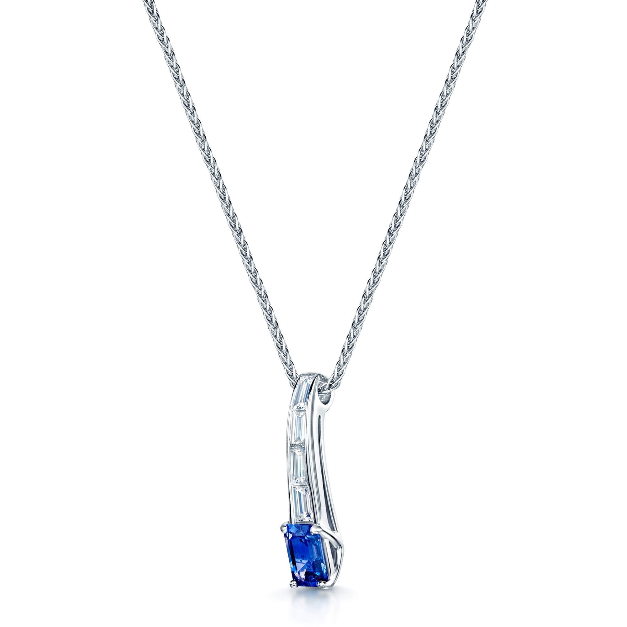 18ct White Gold Rectangular Sapphire & Baguette Cut Diamond Pendant