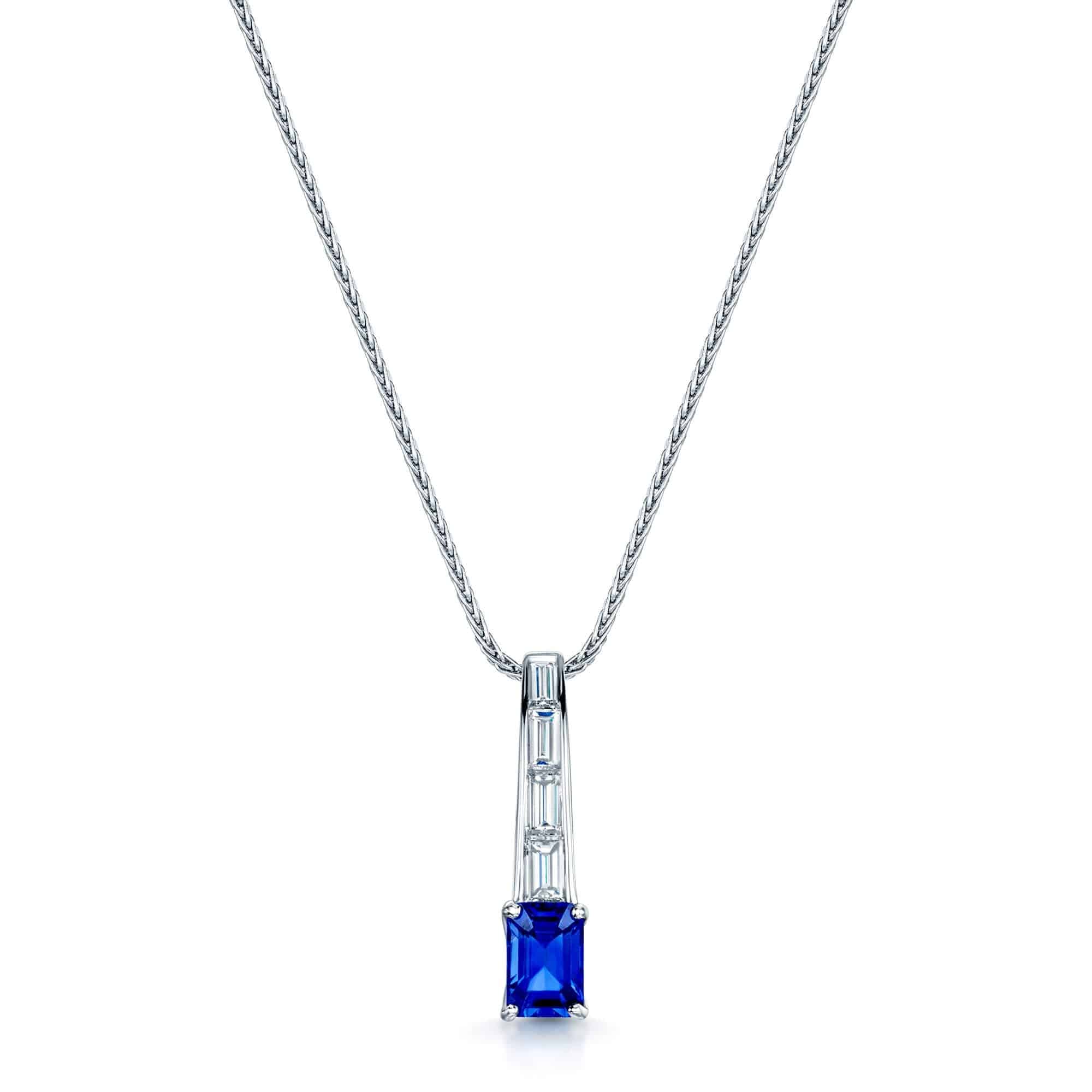 Berry's 18ct White Gold Rectangular Sapphire & Baguette Cut Diamond Pendant - Berry's Jewellers