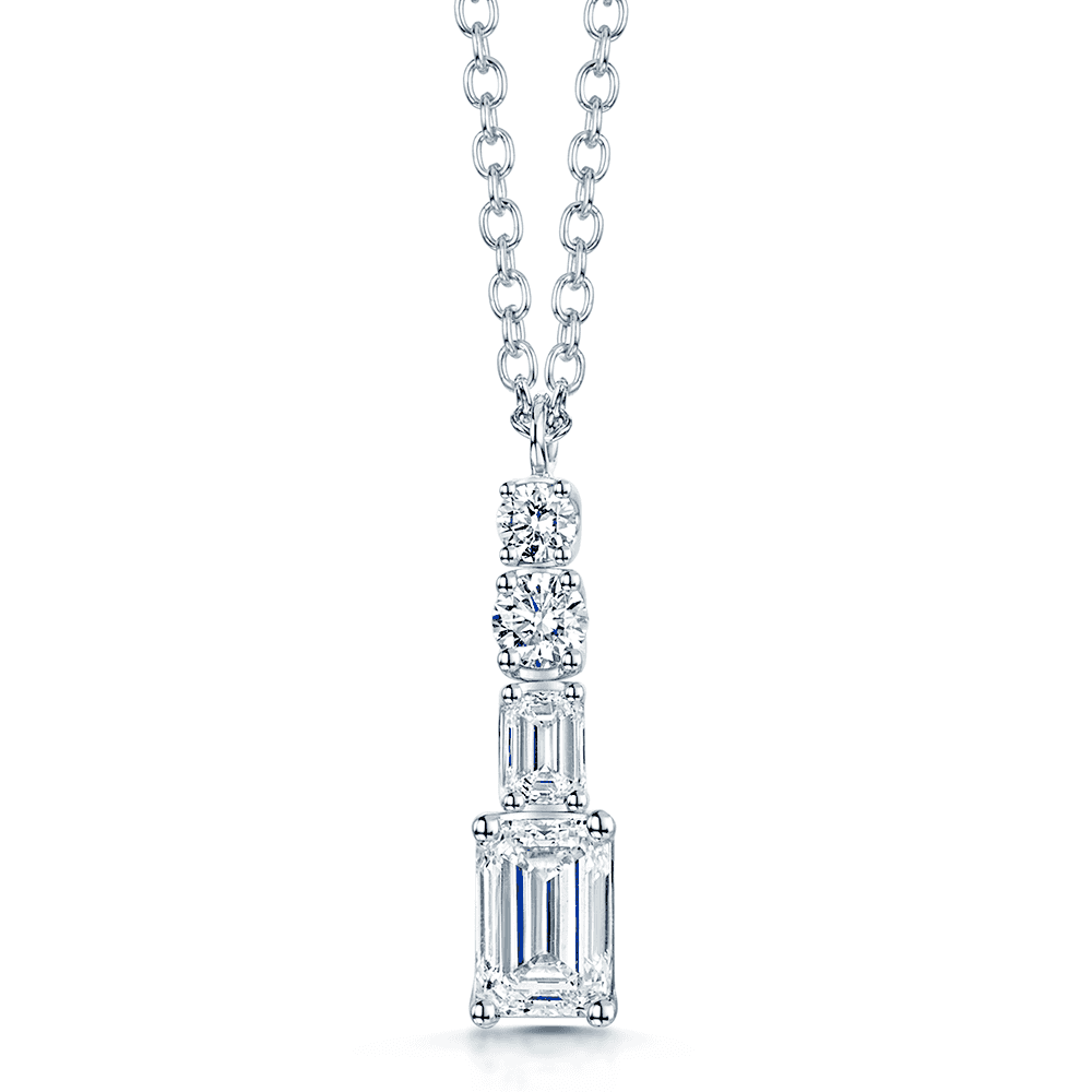 18ct White Gold Round Brilliant and Emerald Cut Diamond Four Stone Pendant