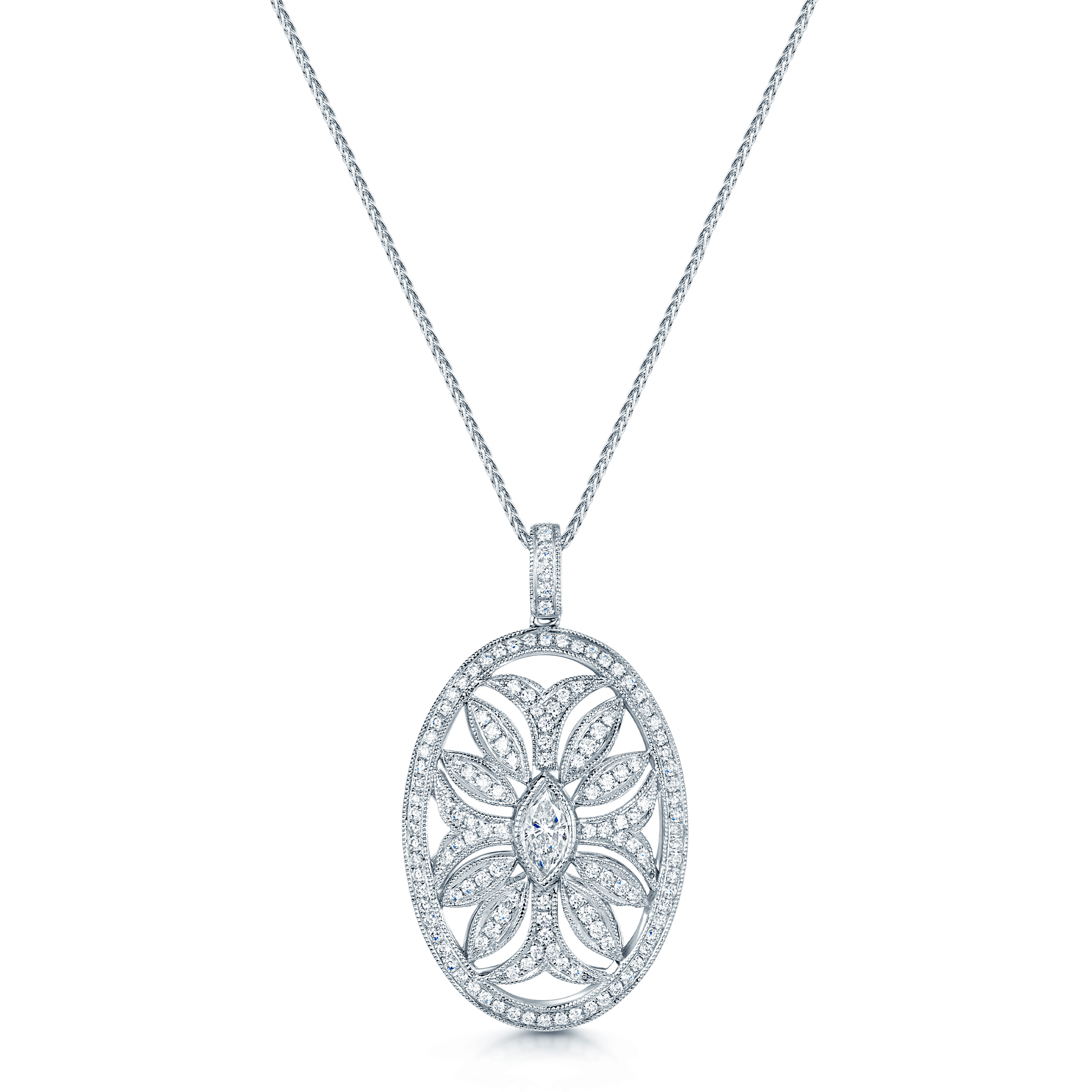 Berry's 18ct White Gold Round Brilliant And Marquise Cut Diamond Floral Migrain Set Pendant - Berry's Jewellers