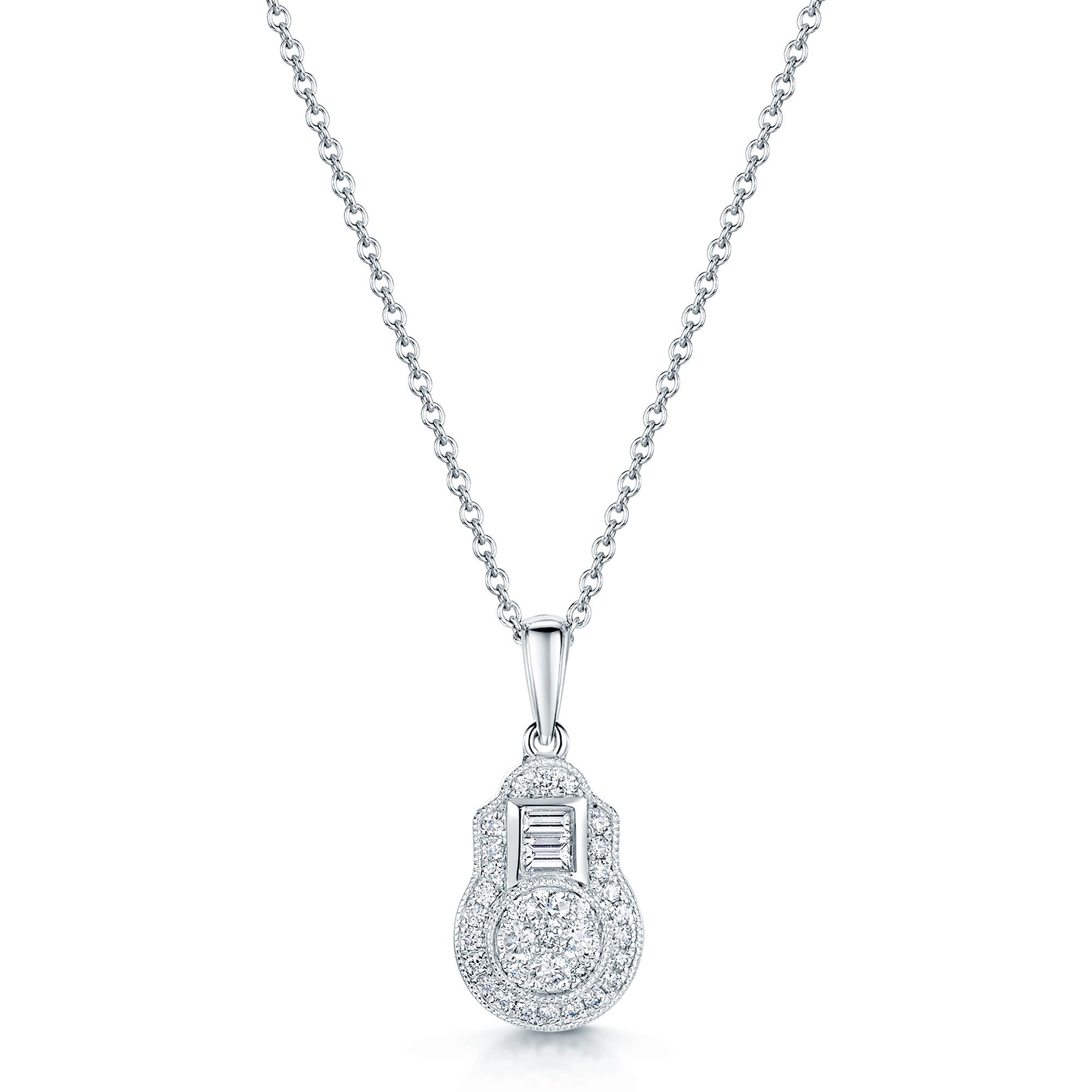 Berry's 18ct White Gold Round Brilliant Cut And Baguette Cut Diamond Cluster Pendant - Berry's Jewellers