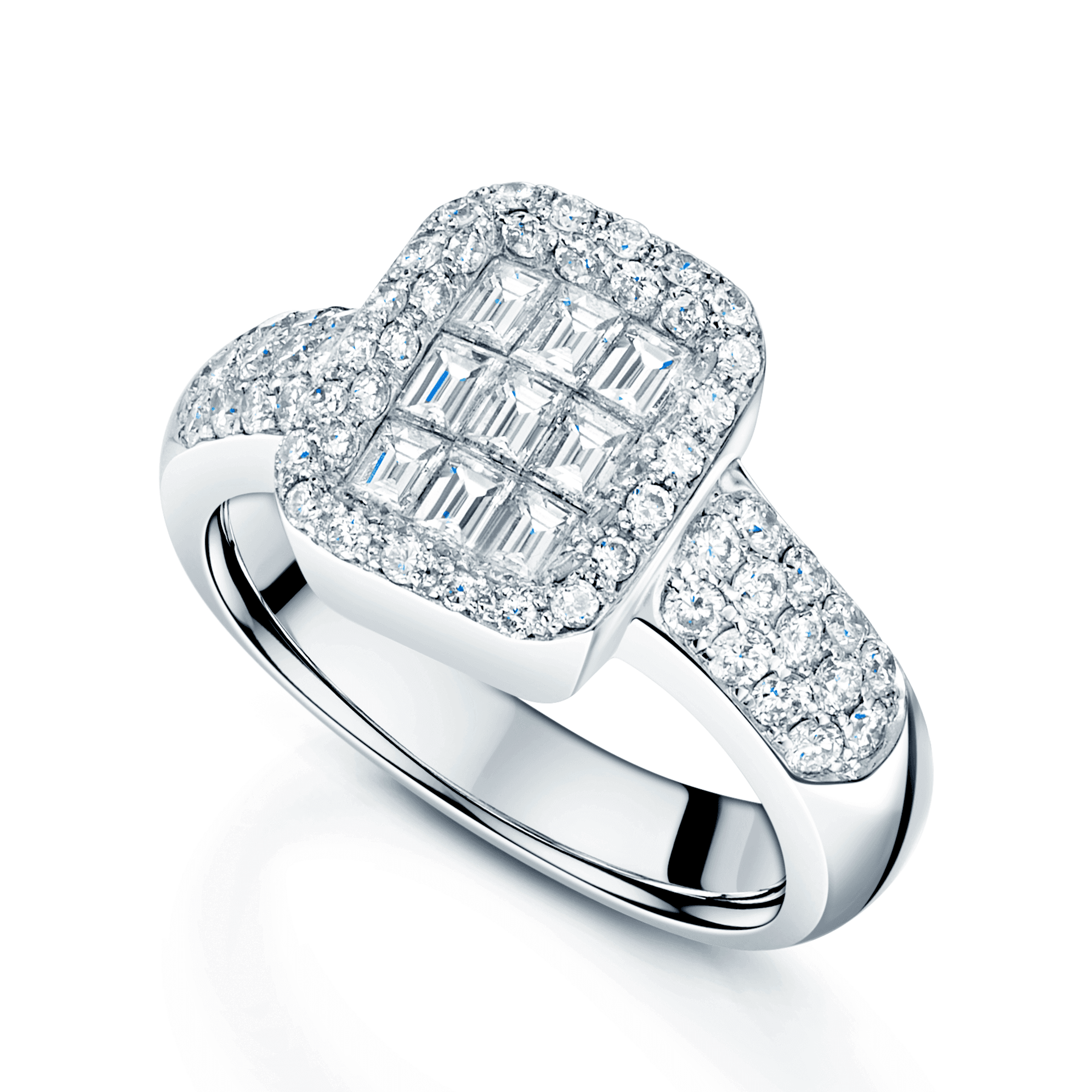 18ct White Gold Round Brilliant Cut And Baguette Cut Diamond Illusion Set Rectangular Cluster Ring