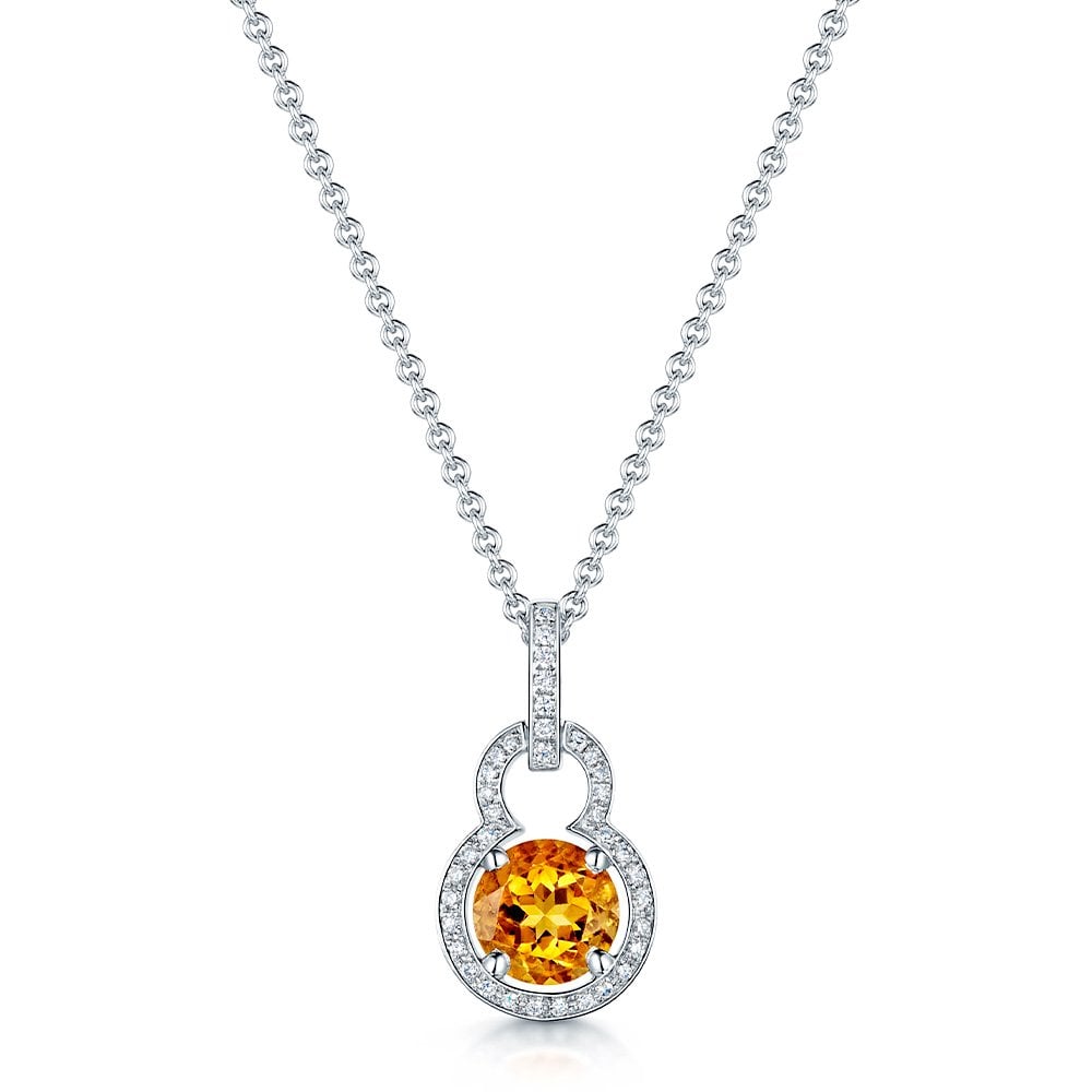 Berry's 18ct White Gold Round Brilliant Cut Citrine with Diamond Set Fancy Surround Pendant - Berry's Jewellers