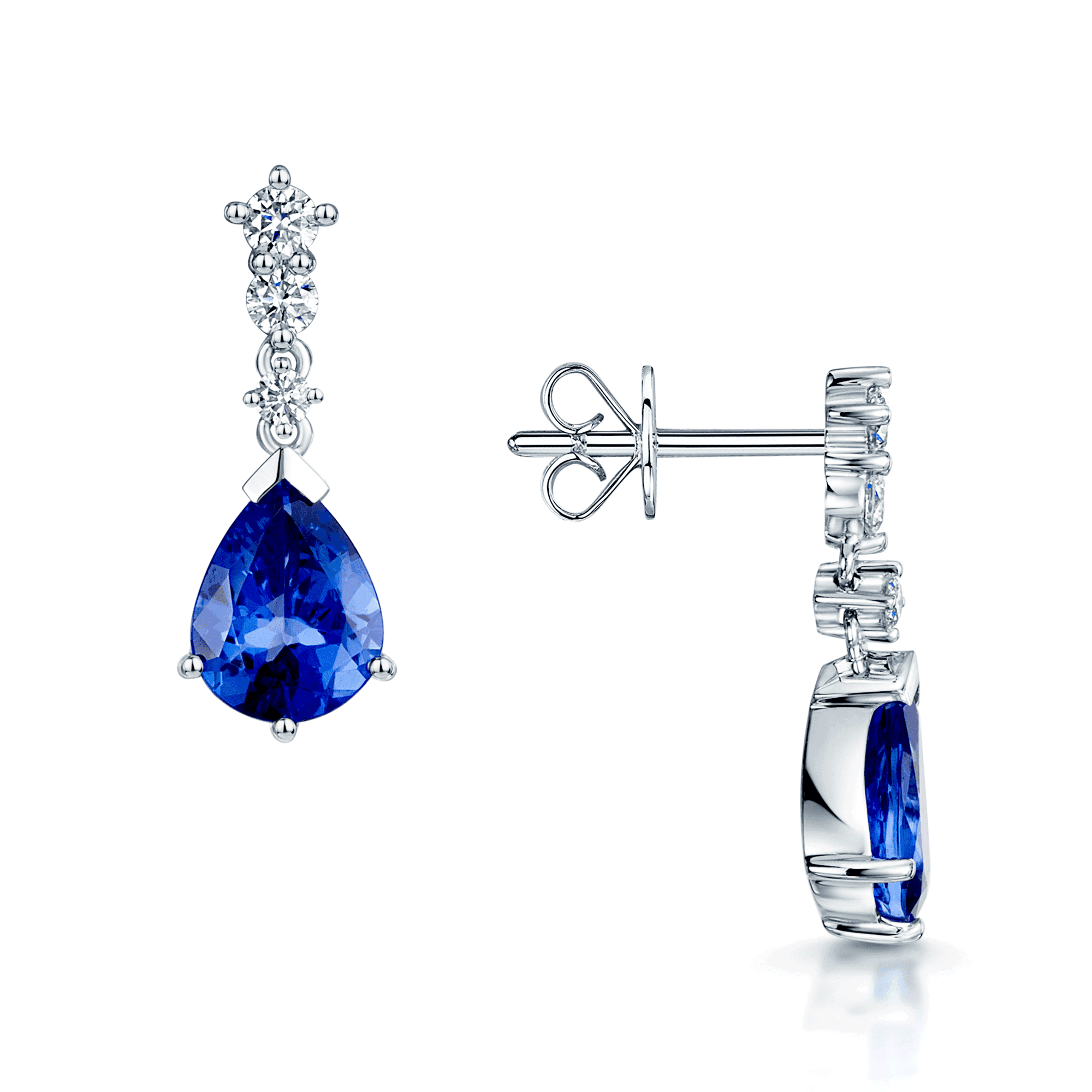 18ct White Gold Round Brilliant Cut Diamond And Pear Cut Tanzanite Drop Earrings