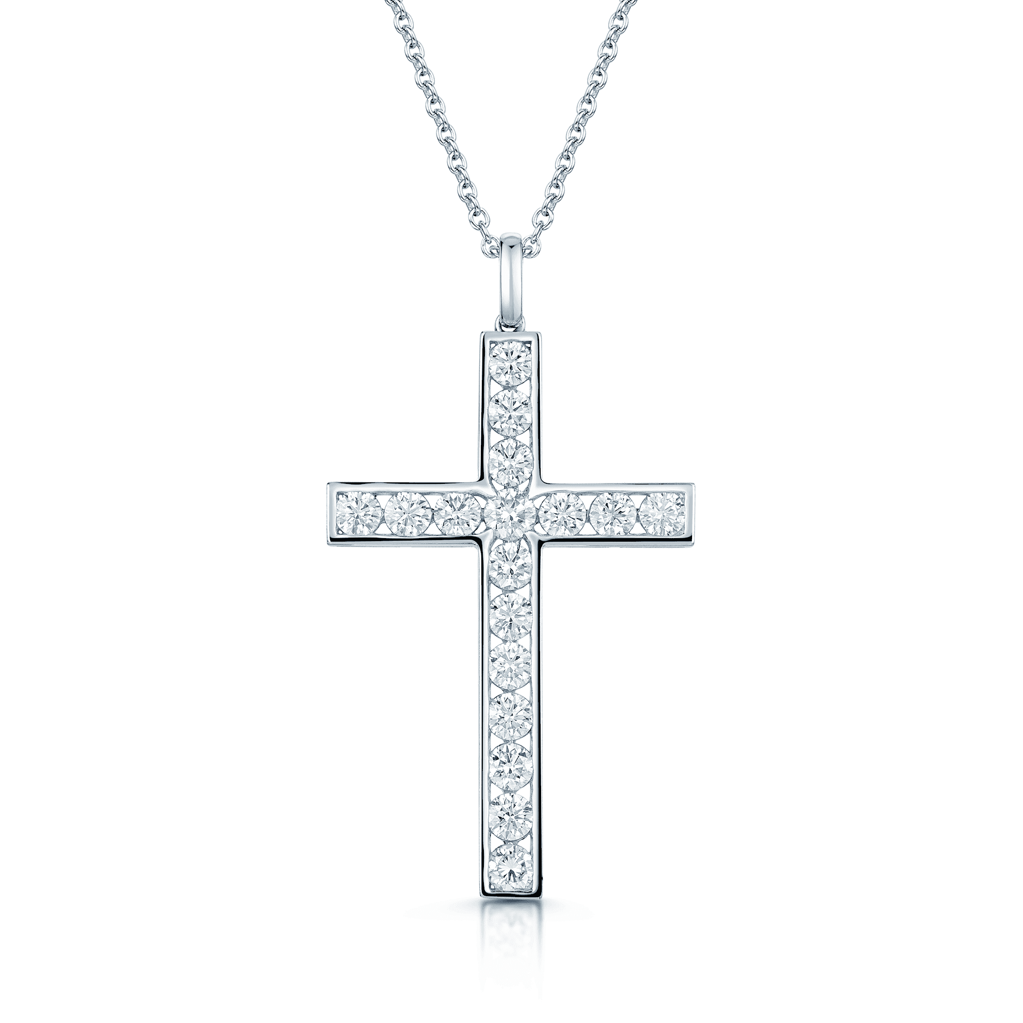 18ct White Gold Round Brilliant Cut Diamond Channel Set Cross & Chain