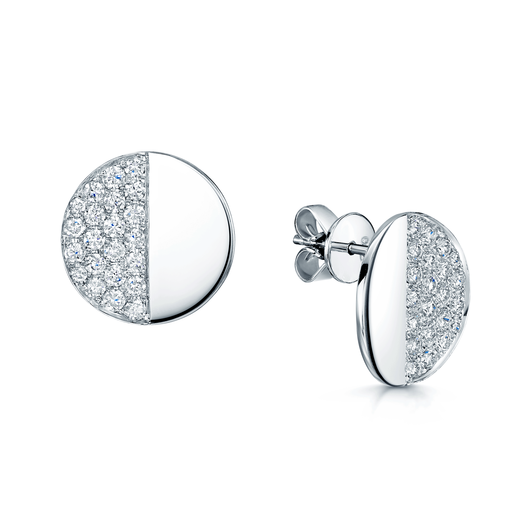 18ct White Gold Round Brilliant Cut Diamond Half Pave Disc Stud Earrings