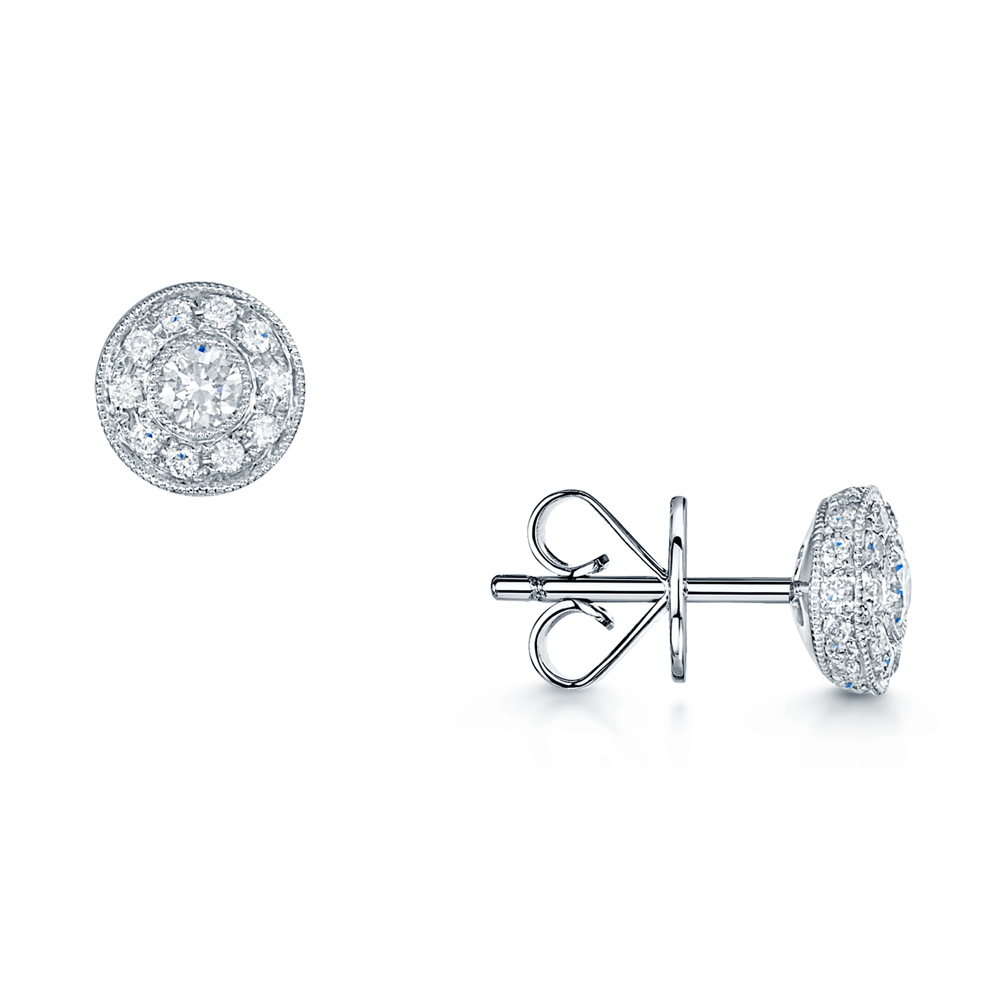 Berry's 18ct White Gold Round Brilliant Cut Diamond MillGrain Set Cluster Earrings - Berry's Jewellers