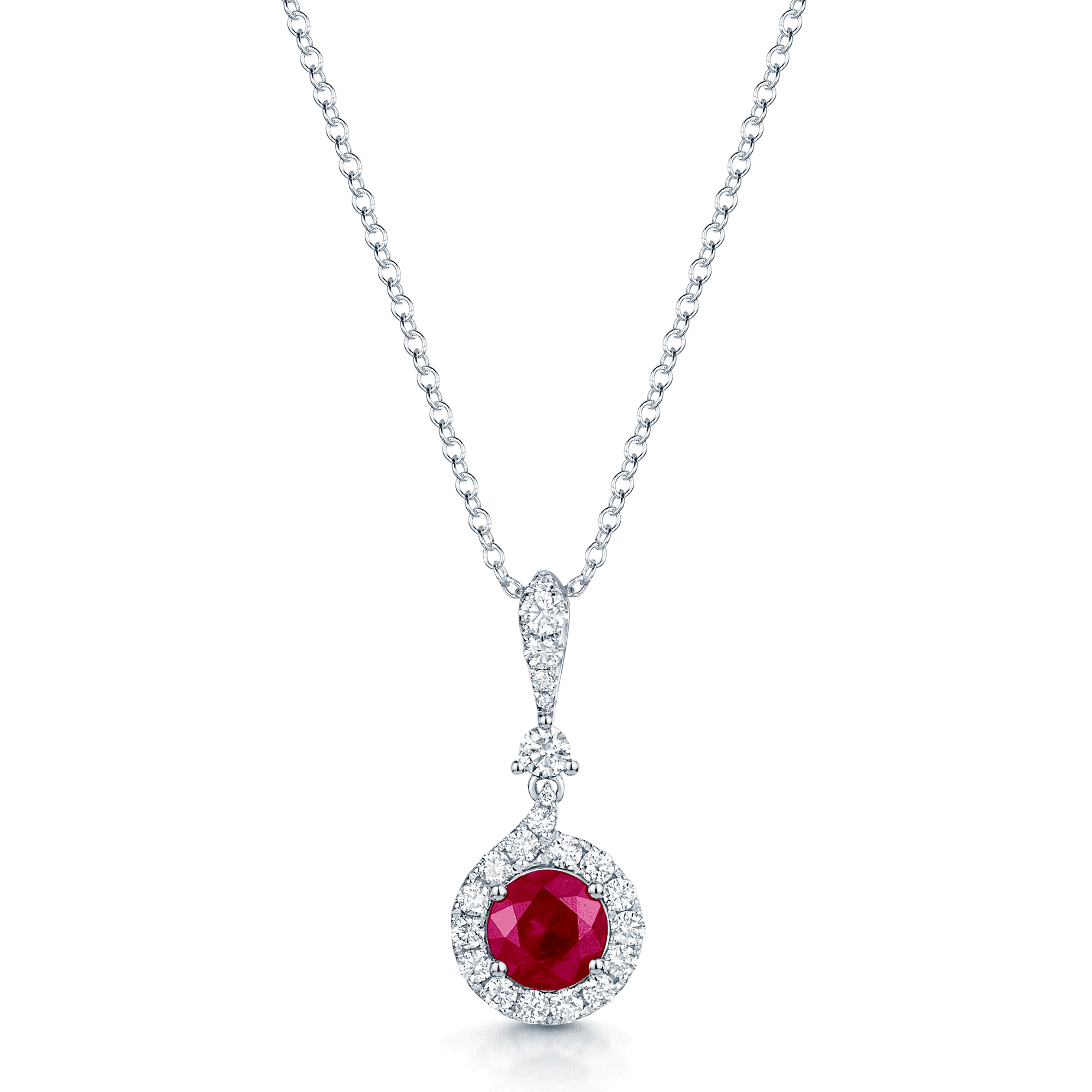 Berry's 18ct White Gold Round Brilliant Cut Ruby And Diamond Halo Pendant With A Diamond Bale - Berry's Jewellers