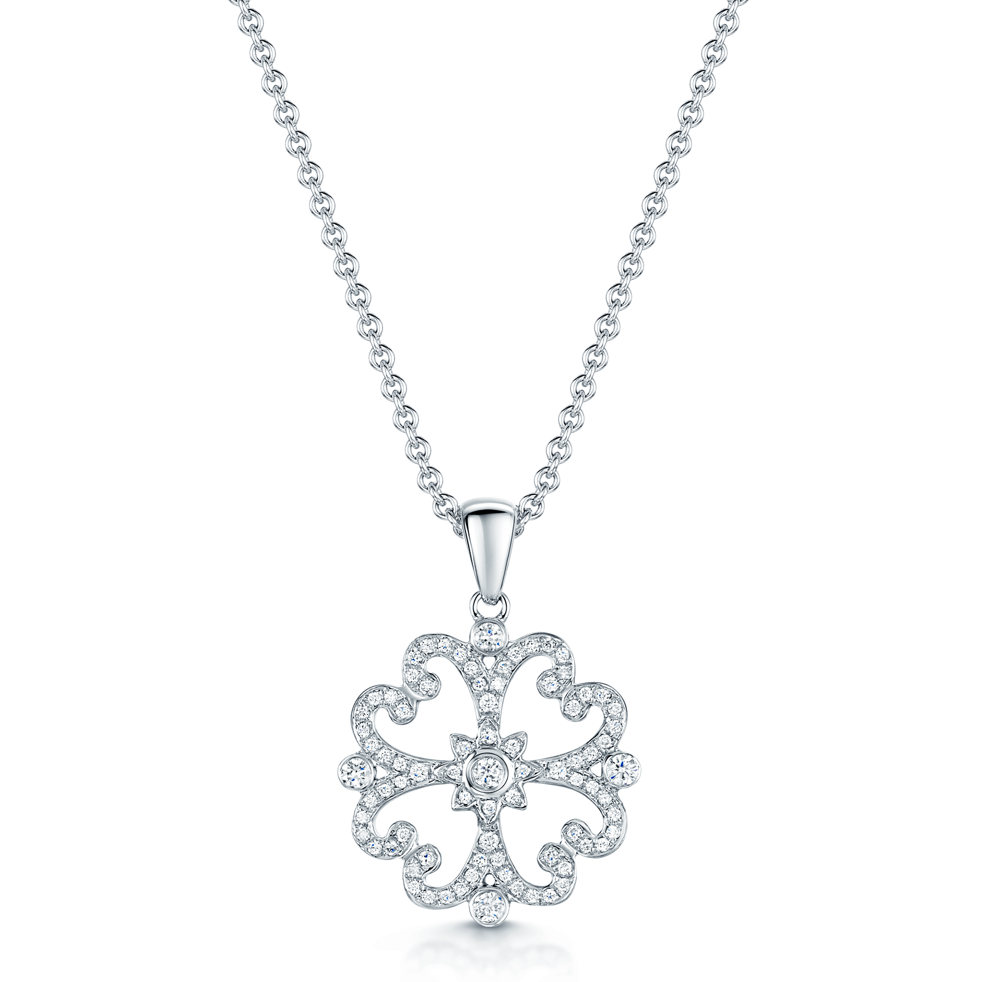 18ct White Gold Round Brilliant Diamond Open Filigree Floral Pendant