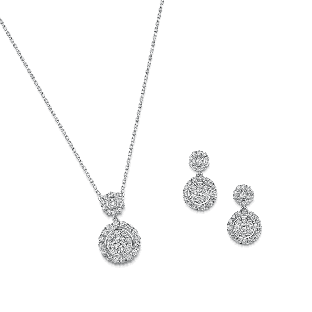 Berry's 18ct White Gold Round Brilliant Diamond Pave Circle Fancy Two Drop Pendant - Berry's Jewellers