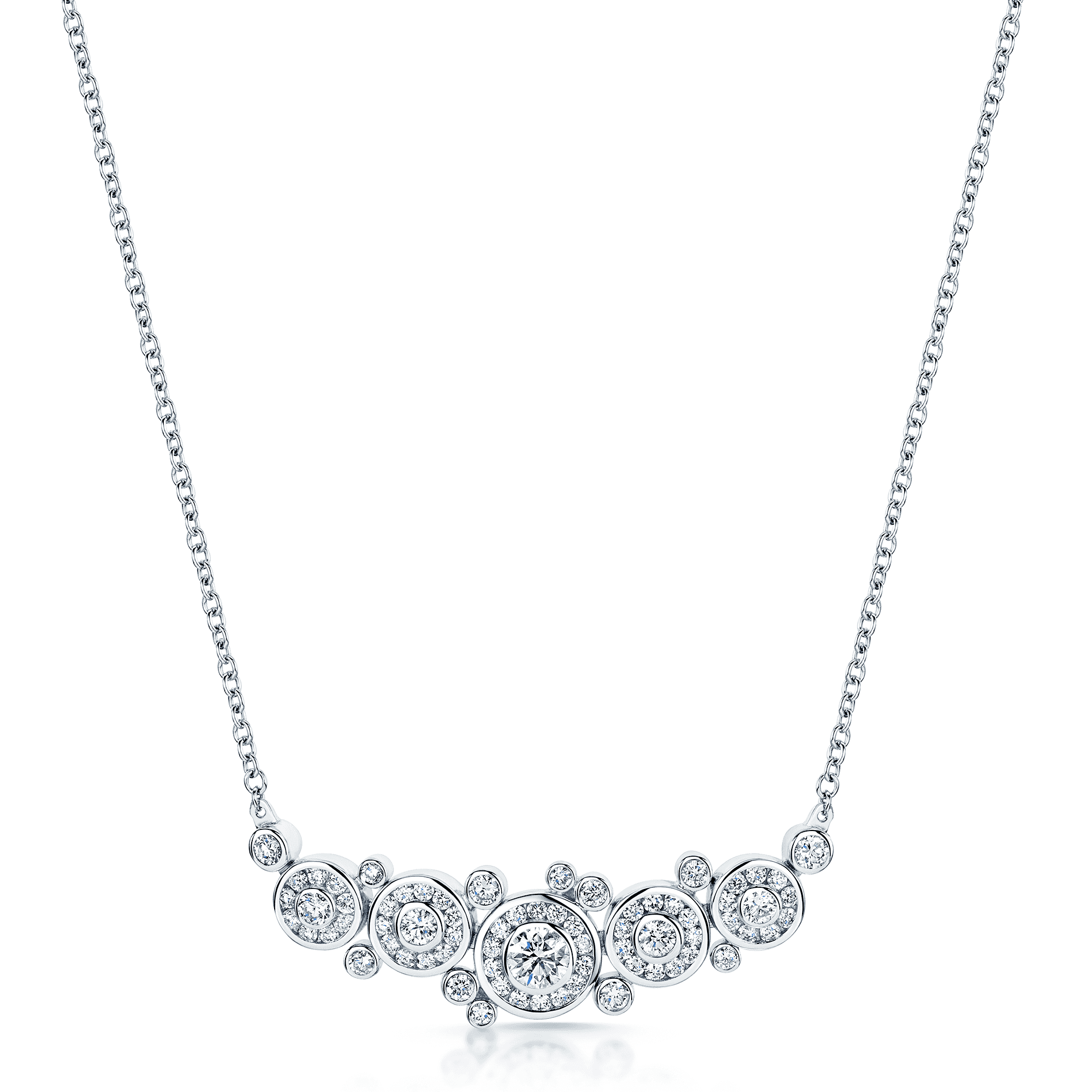 18ct White Gold Round Brilliant Halo Multi Rub-Over Scattered Diamond Horizontal Pendant