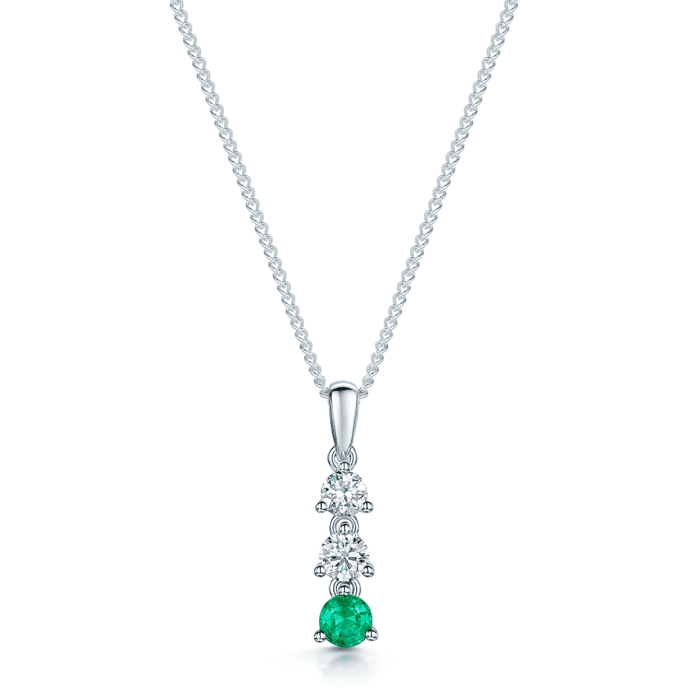 Berry's 18ct White Gold Round Emerald & Round Brilliant Cut Diamond Three Stone Pendant - Berry's Jewellers