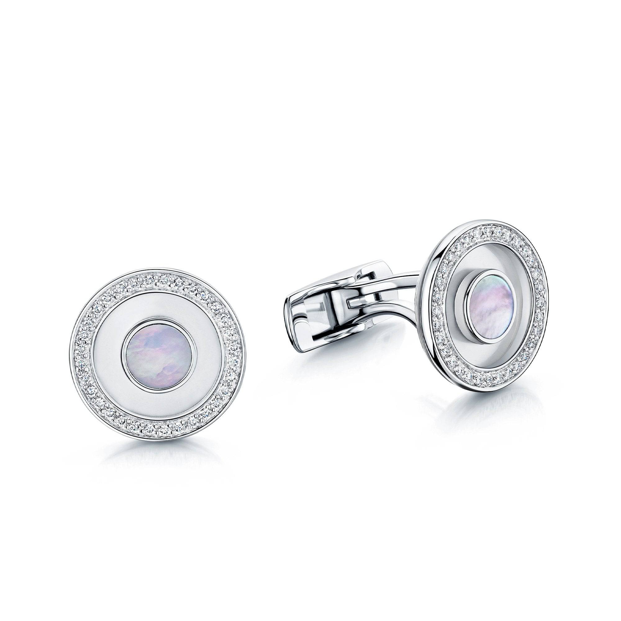 18ct White Gold Round Mother Of Pearl & Diamond Set Cufflinks