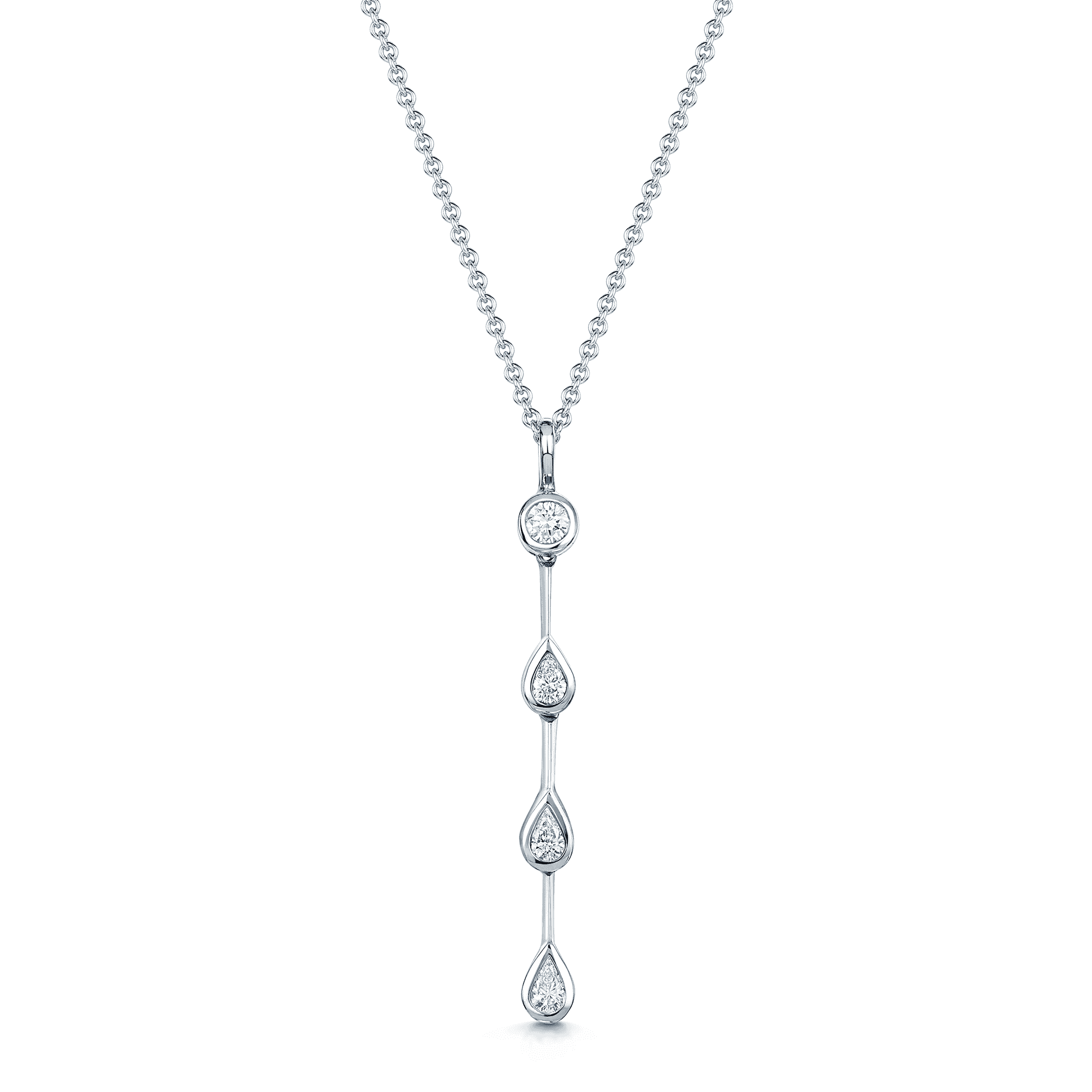 Berry's 18ct White Gold Rub Over Set Pear & Round Brilliant Cut Diamond Bar Drop Pendant - Berry's Jewellers