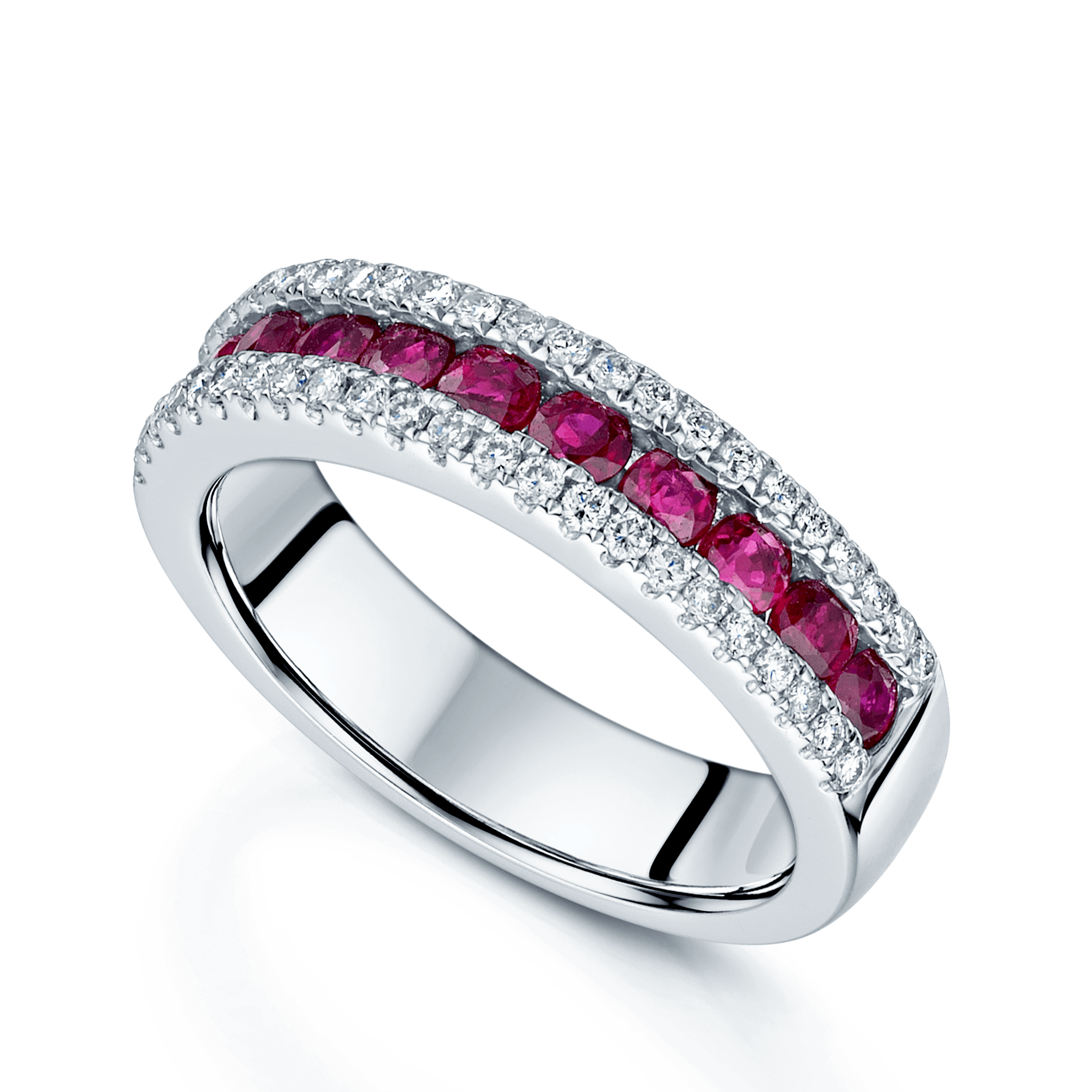 Berry's 18ct White Gold Ruby and Diamond Triple Row Ring - Berry's Jewellers