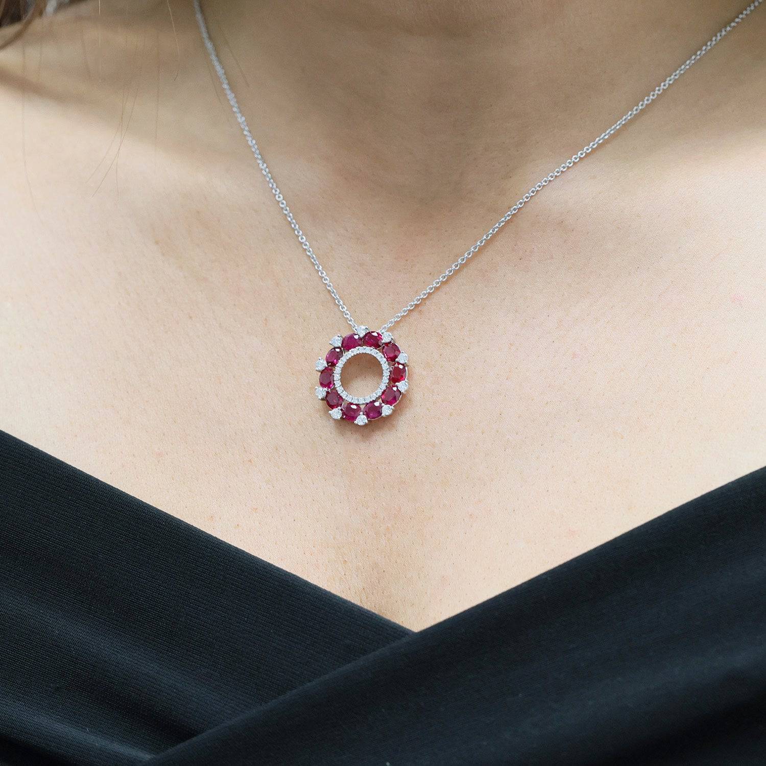 18ct White Gold Ruby & Diamond Open Circle Pendant