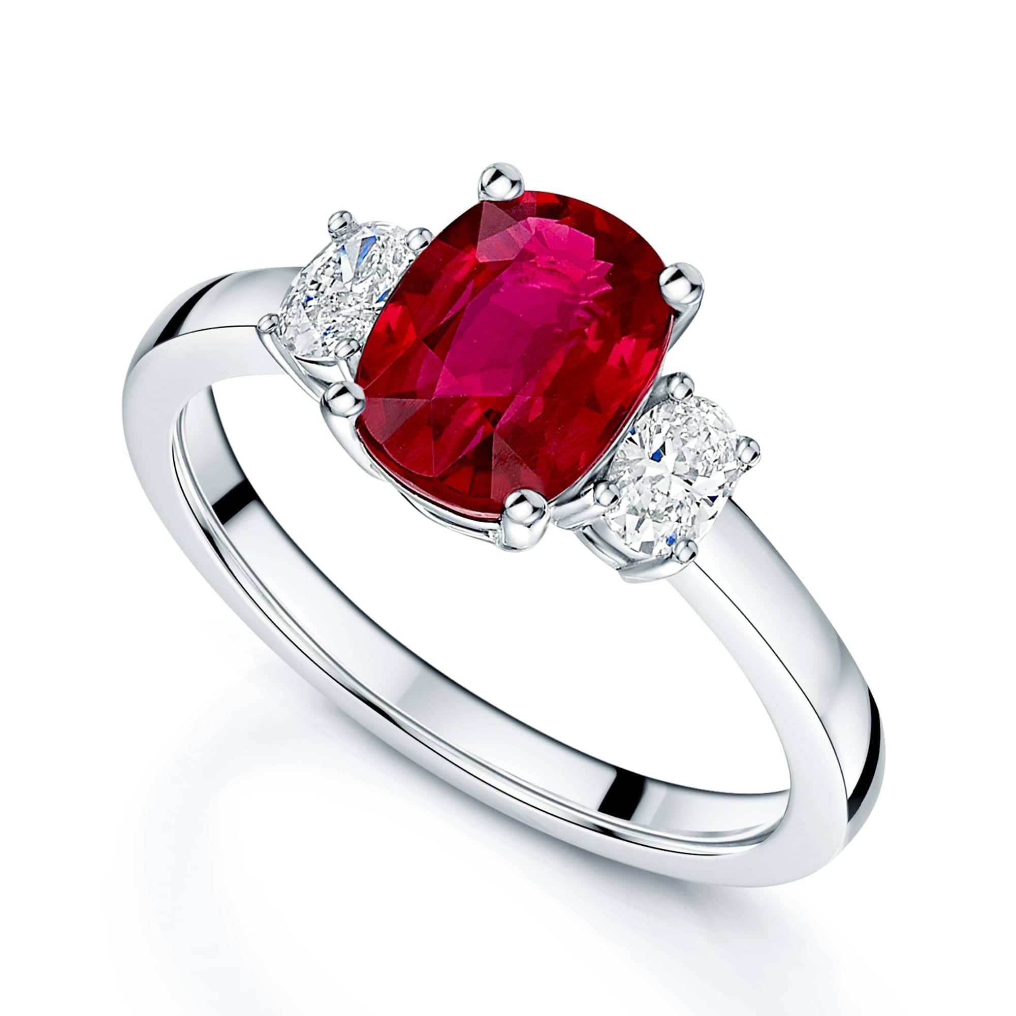 18ct White Gold Ruby & Diamond Oval Three Stone Ring