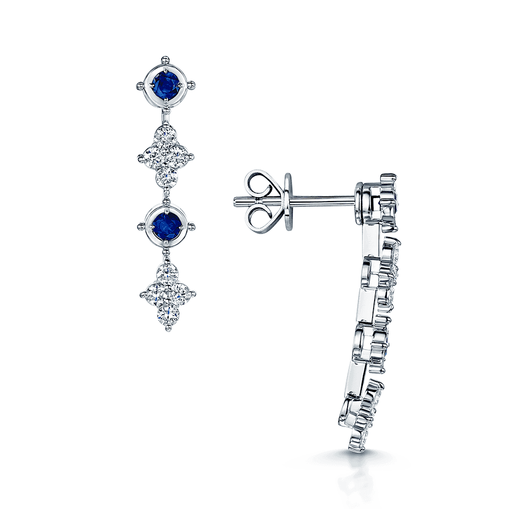 18ct White Gold Sapphire And Diamond Flower Drop Fancy Earrings