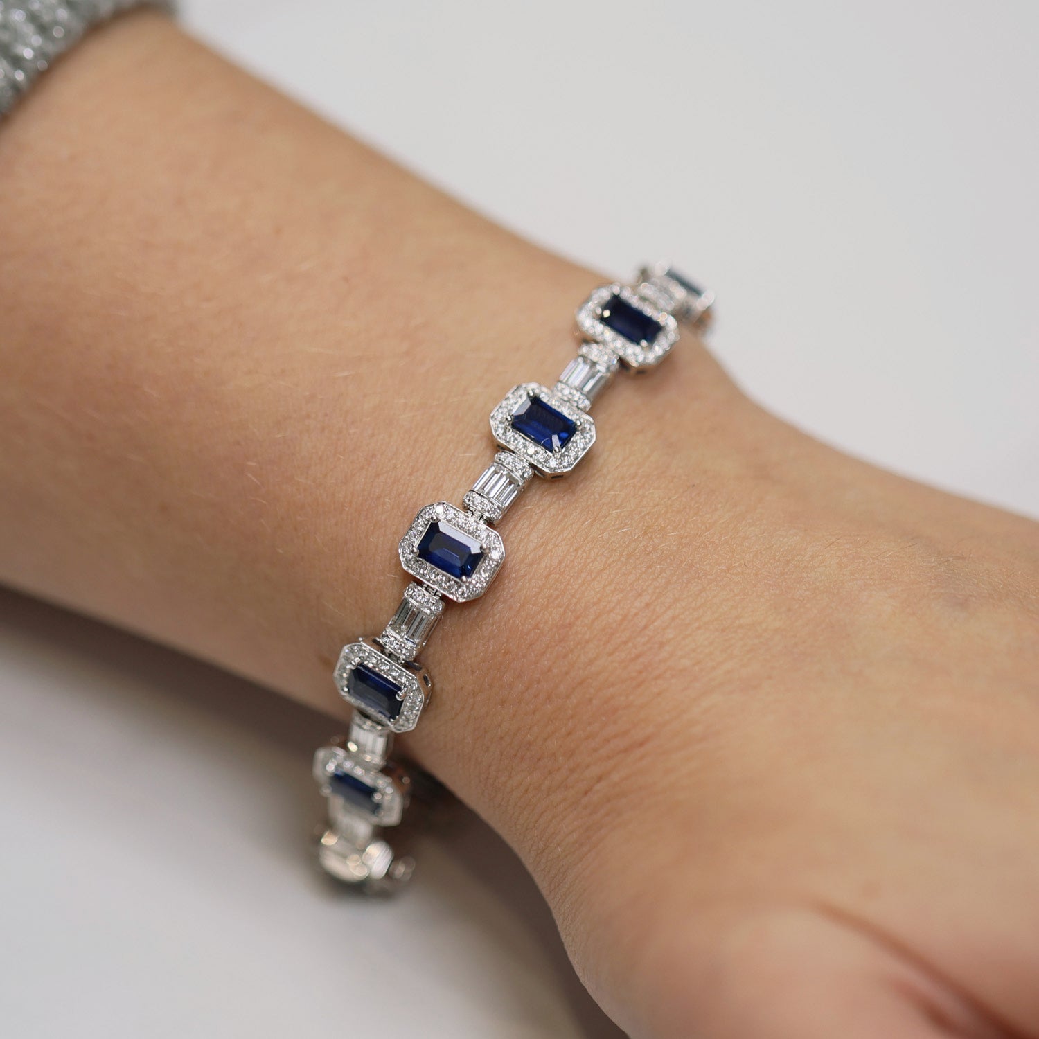 Berry's 18ct White Gold Sapphire And Diamond Halo Vintage Line Bracelet - Berry's Jewellers