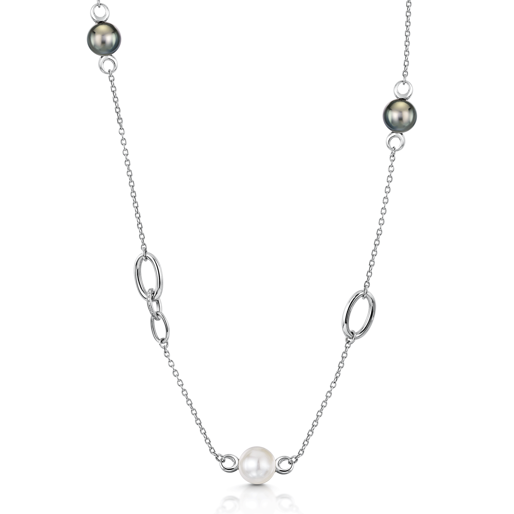 Berry's 18ct White Gold Southsea and Tahitian Cultured Pearl Necklace with Two Pave Set Links - Berry's Jewellers