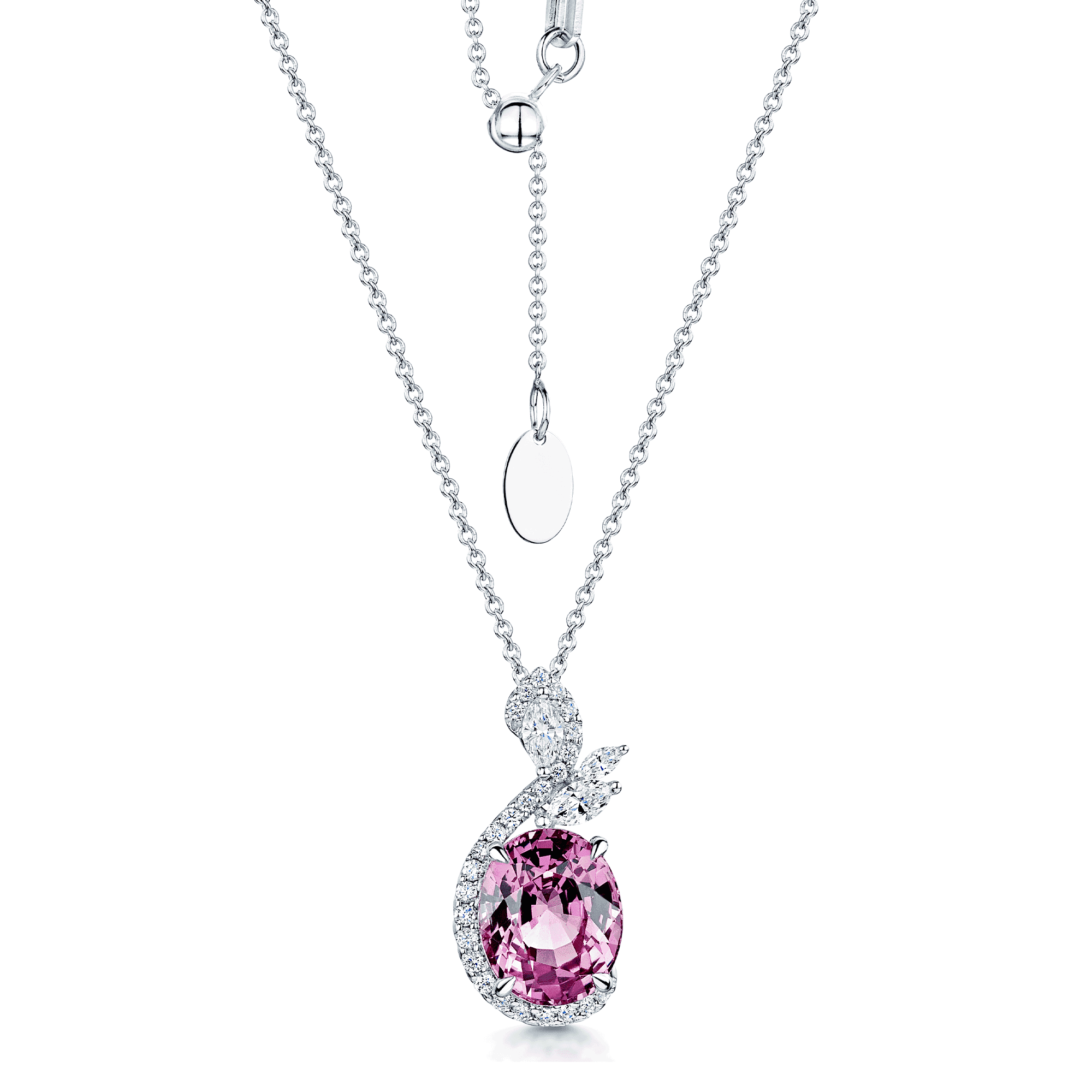 Berry's 18ct White Gold Spinel & Diamond Pendant With Open Halo Twist Design Of Round Brilliant & Marquise Cut Diamonds - Berry's Jewellers