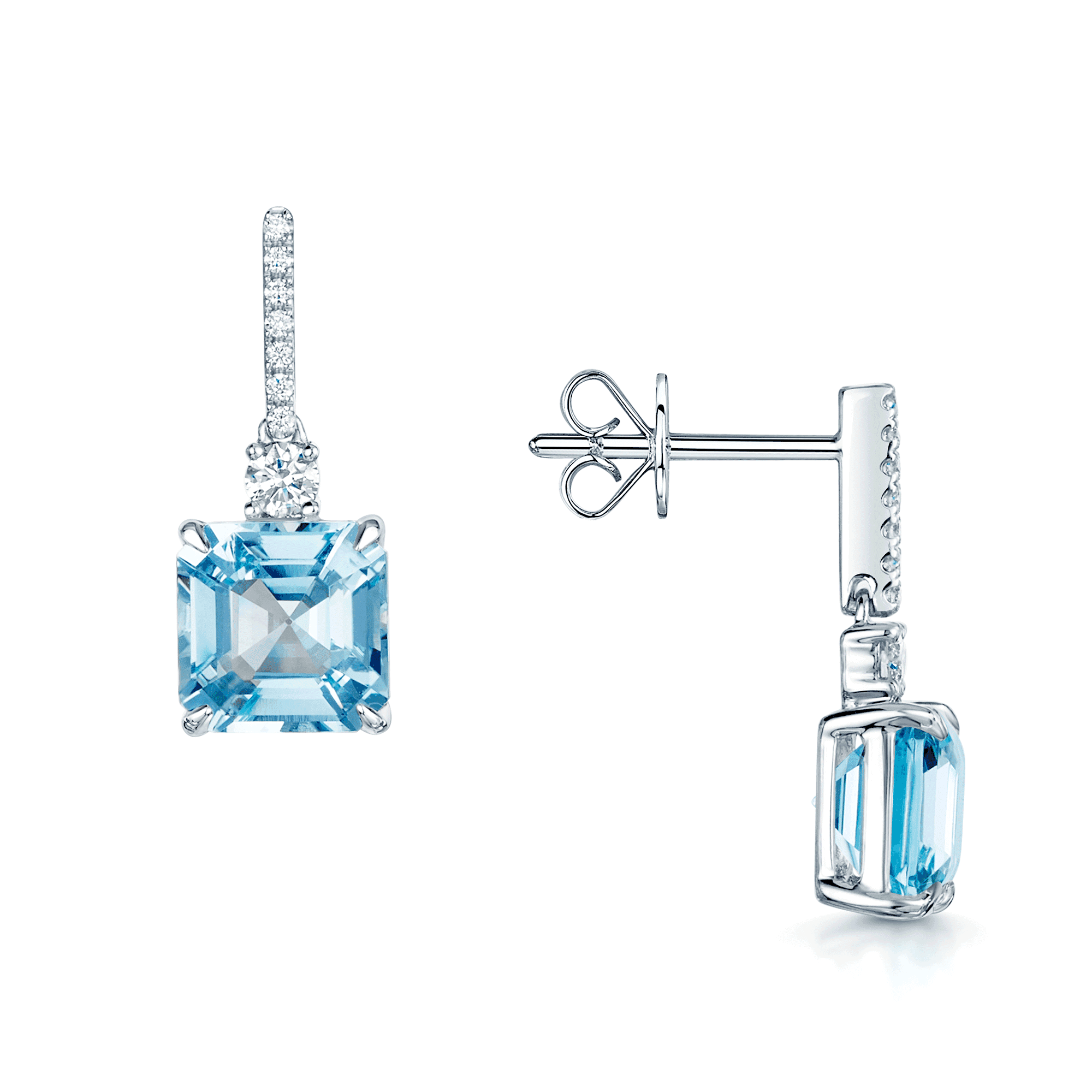 18ct White Gold Square Cut Aquamarine And Diamond Drop Earrings