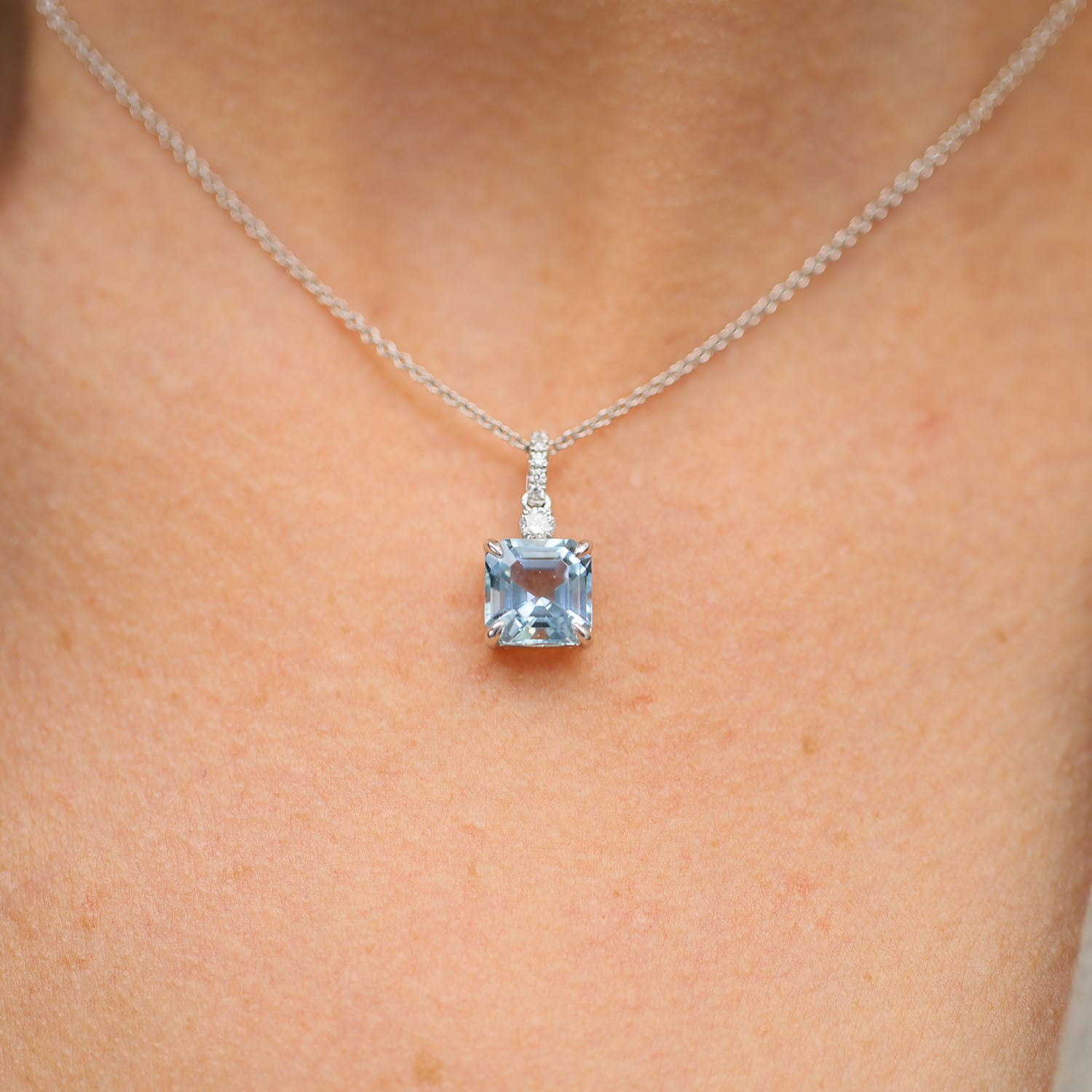 18ct White Gold Square Cut Aquamarine And Diamond Pendant