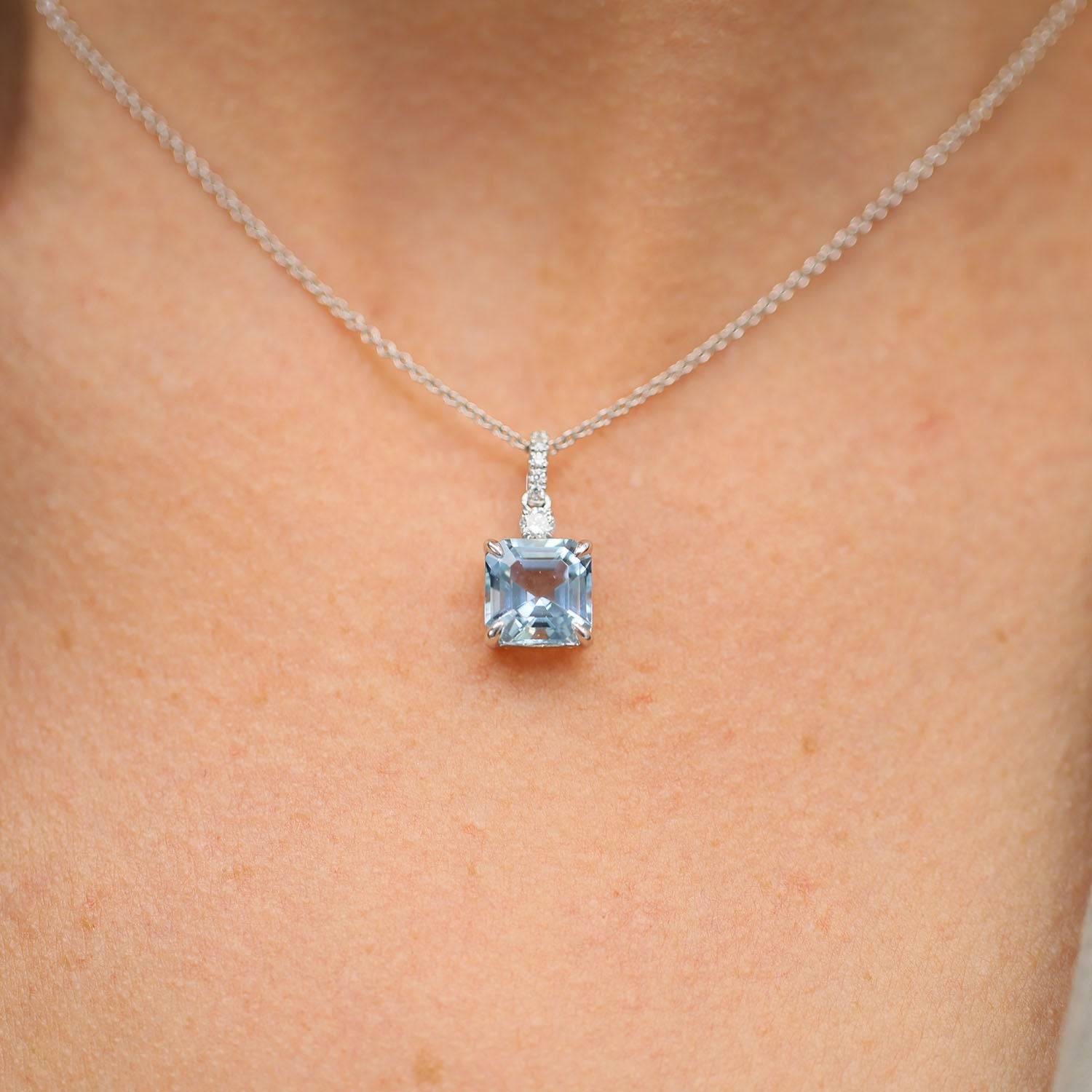 Berry's 18ct White Gold Square Cut Aquamarine And Diamond Pendant - Berry's Jewellers