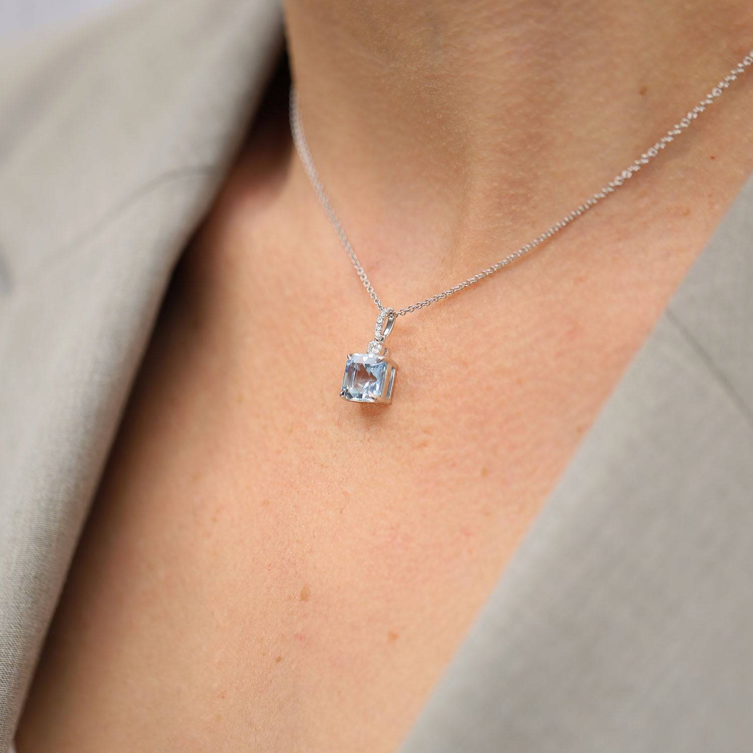 Berry's 18ct White Gold Square Cut Aquamarine And Diamond Pendant - Berry's Jewellers