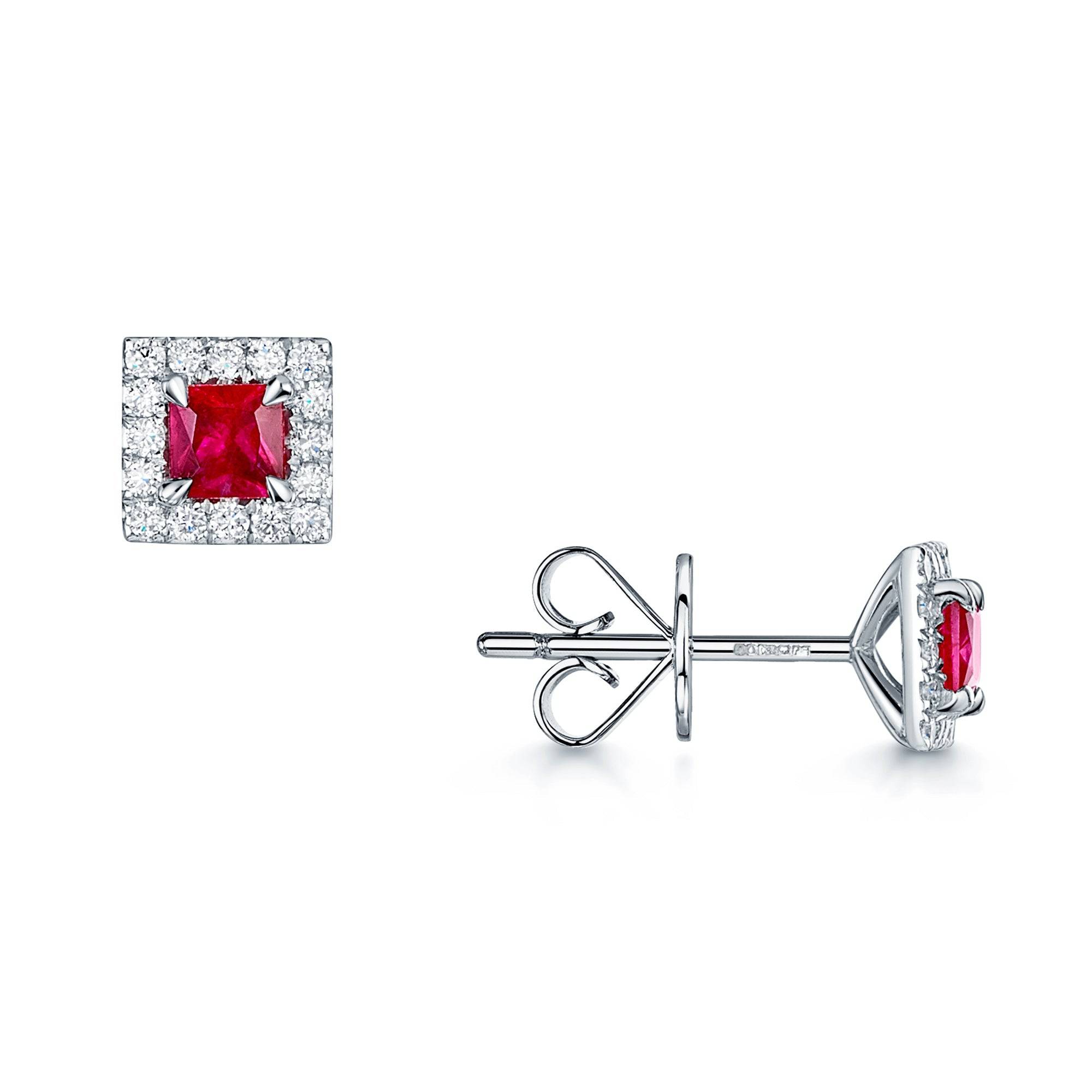 Berry's 18ct White Gold Square Cut Ruby And Diamond Cluster Earrings - Berry's Jewellers