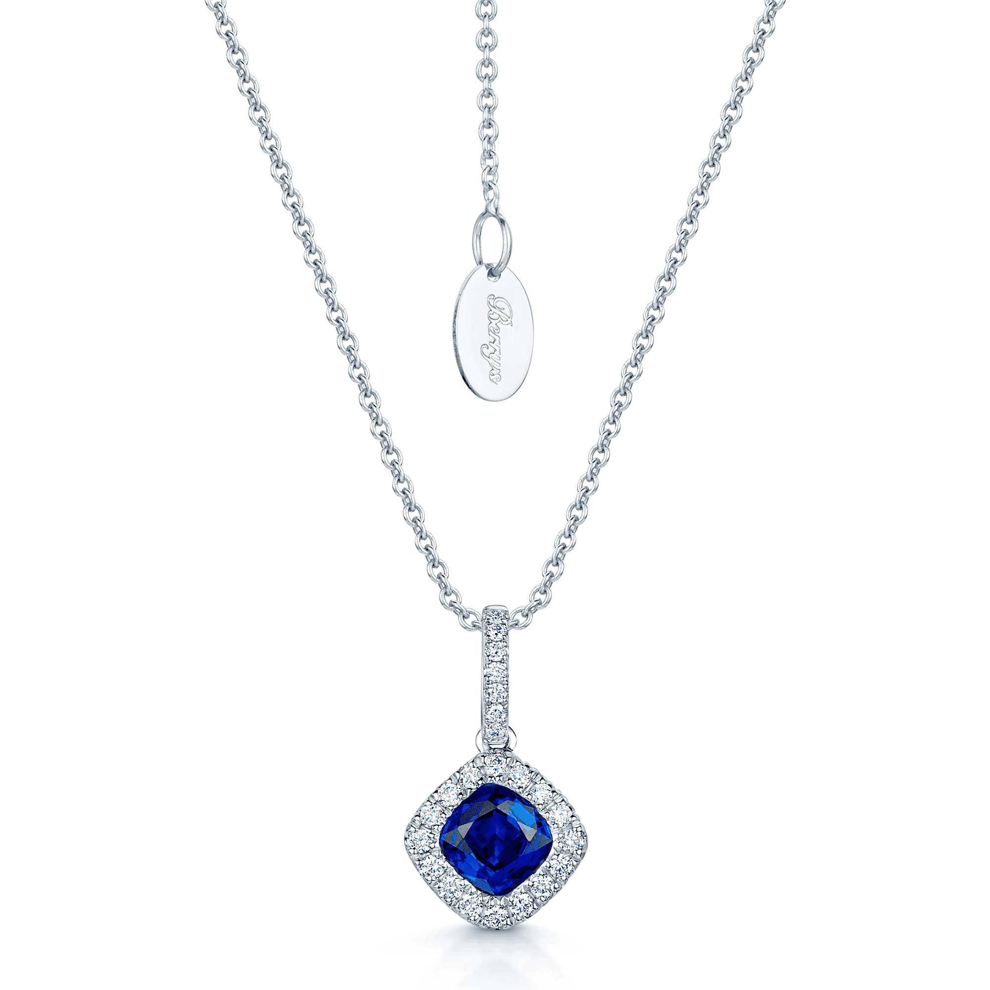 Berry's 18ct White Gold Square Sapphire And Diamond Offset Cluster Pendant With A Diamond Bale - Berry's Jewellers