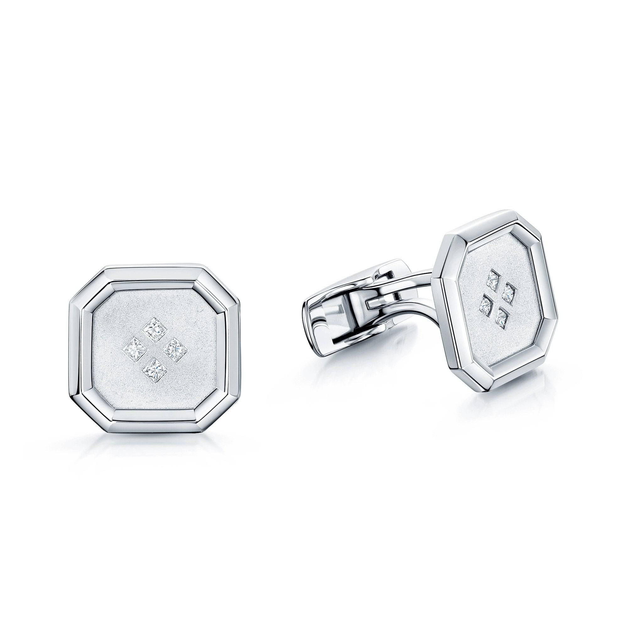 18ct White Gold Square Satin & Polished Princess Cut Diamond Set Cufflinks