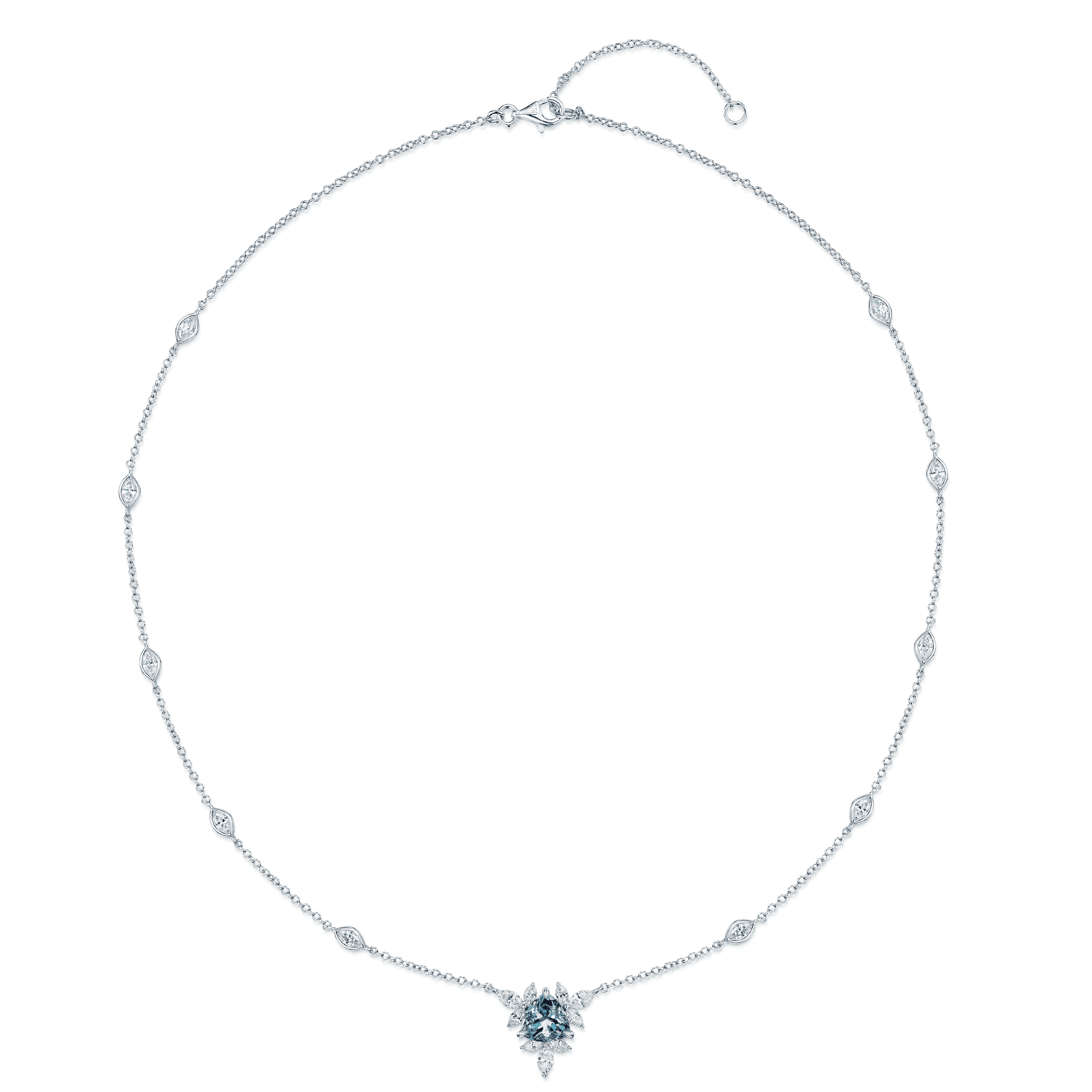 18ct White Gold Trilliant Cut Aquamarine & Marquise Diamond Flower Necklace With Marquise Cut Diamond Set Chain