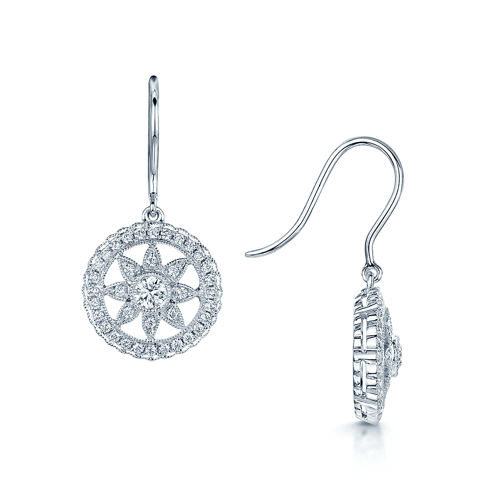 Berry's 18ct White Gold Vintage Style Circular Diamond Drop Earrings - Berry's Jewellers